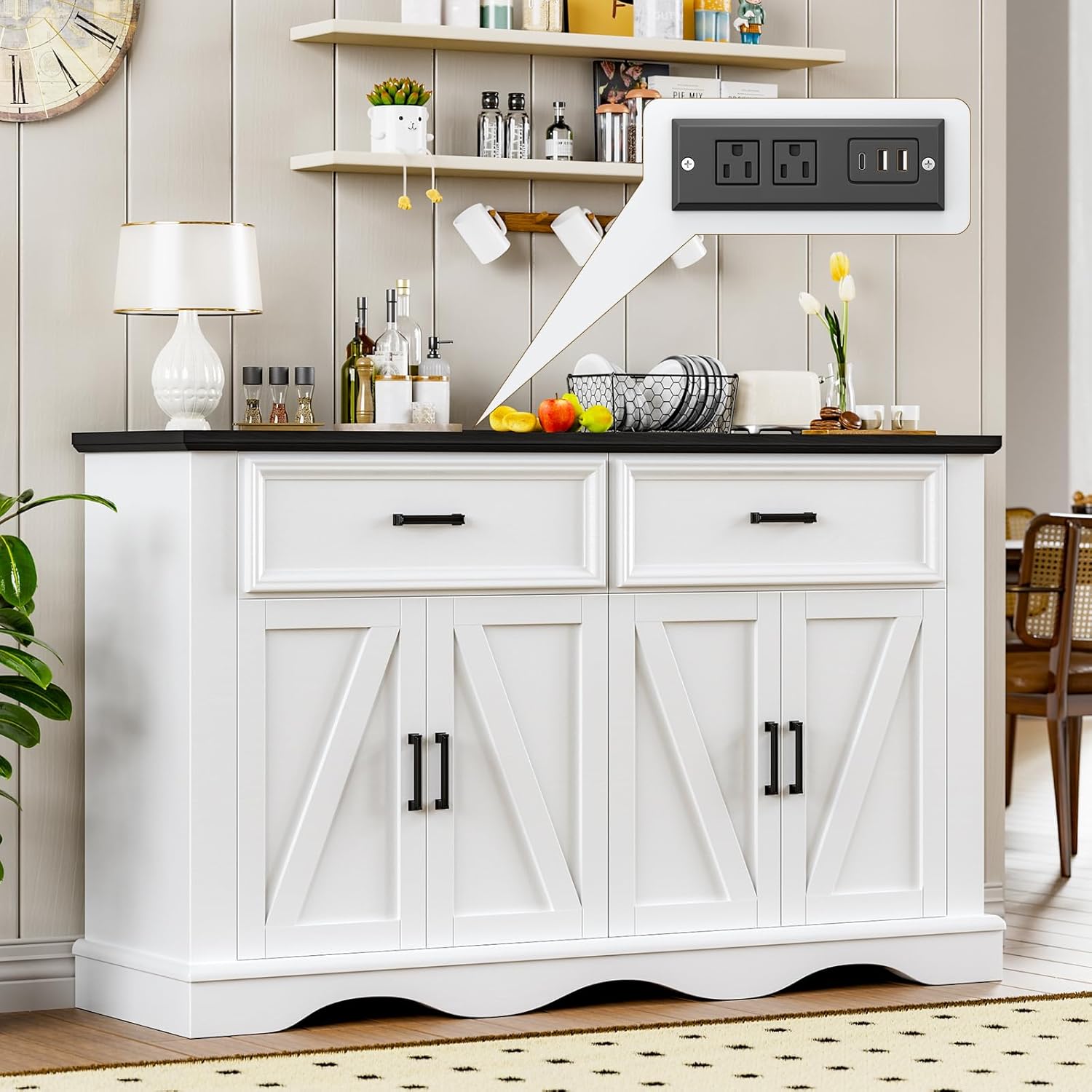 56" Modern Farmhouse Sideboard Buffet Cabinet with 4 Doors and 2 Drawers, Kitchen Storage Cabinet with Adjustable Shelves, Coffee Bar with Charging Station for Living Room, White