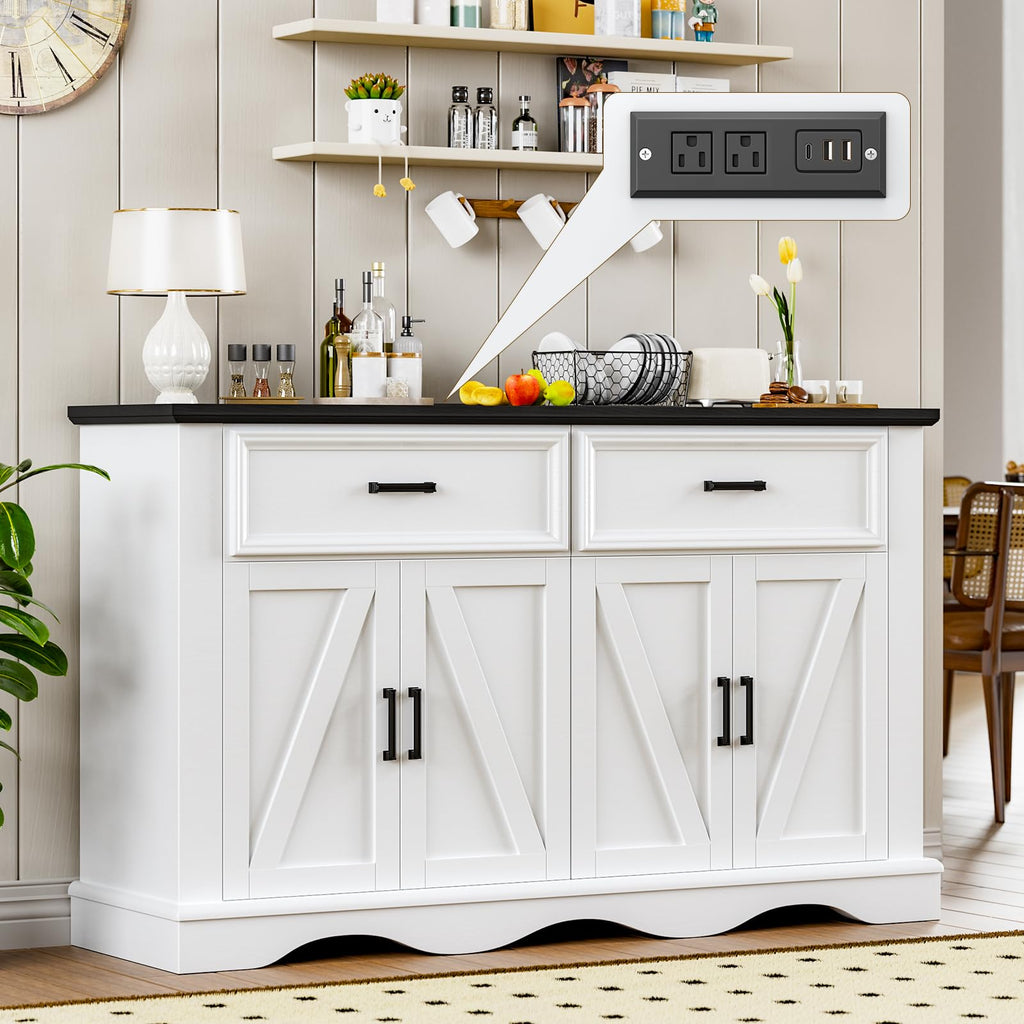 56" Modern Farmhouse Sideboard Buffet Cabinet with 4 Doors and 2 Drawers, Kitchen Storage Cabinet with Adjustable Shelves, Coffee Bar with Charging Station for Living Room, White