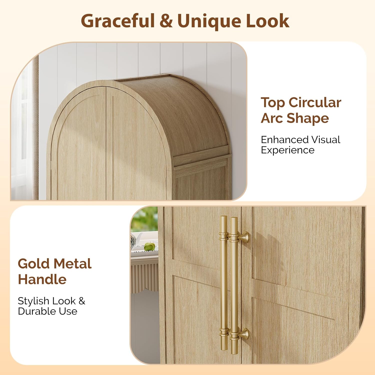 VINGLI Arched Wardrobe Closet Armoire with Drawer, 70" Tall Wooden Wardrobe Closet,Clothing Storage Cabinet, Large Capacity Storage, Natural Oak
