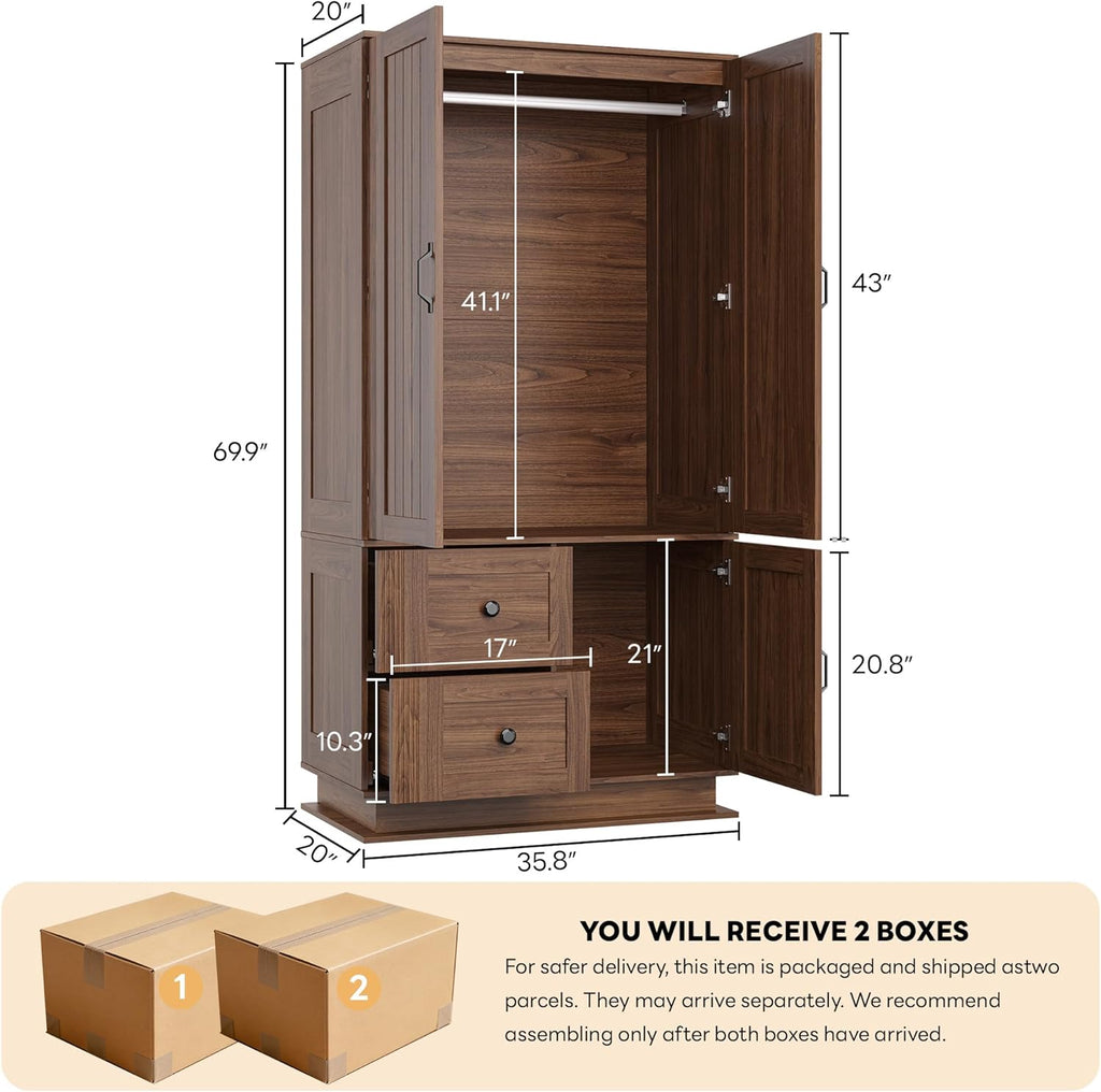 LIKIMIO Farmhouse Wardrobe Closet with Doors, 70" Bedroom Armoires with LED Lights and Hanging Rod, Wooden Large Wardrobe Cabinet with 2 Drawers and 1 Cabinet, Walnut