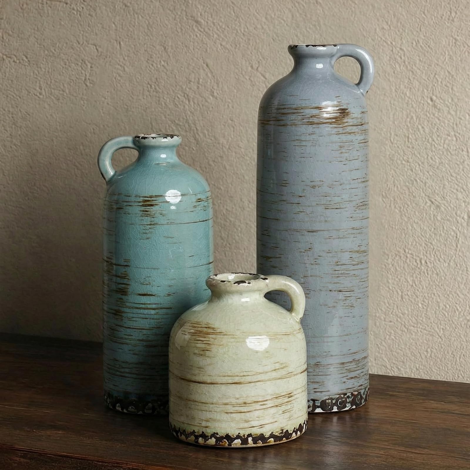 Ceramic Vase Set of 3, Vintage Ceramic Flower Vases, Crackle-Glaze & Distressed Rim, Blue Botanical Pattern, for Home Decor, Living Room Mantel & Dining Table Centerpiece