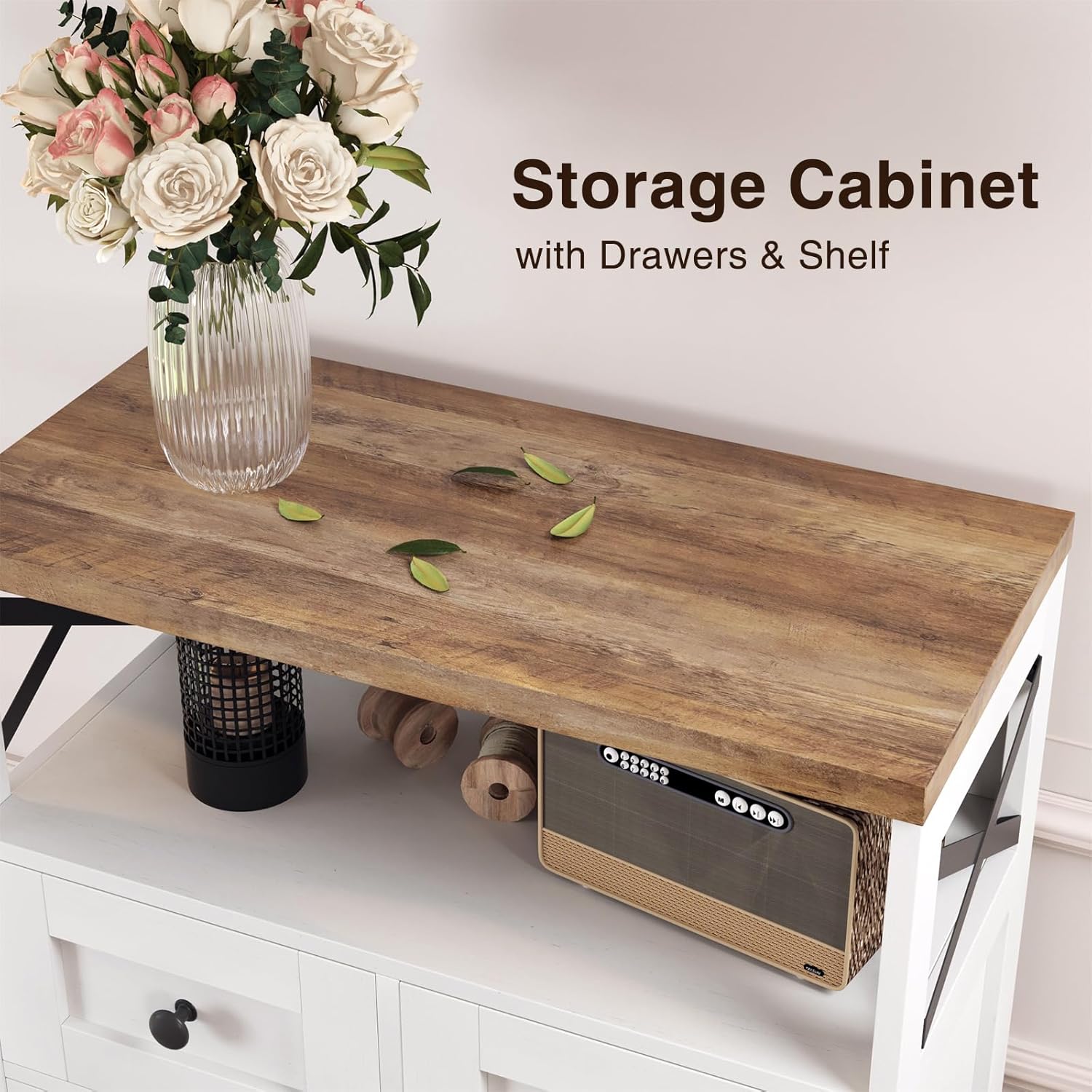 Befrases Farmhouse White Storage Cabinet with Doors and Drawers, Freestanding Kitchen Pantry Cabinet, Floor Storage Cabinet Hutch Cupboard for Kitchen, Living Dining Room, Bathroom