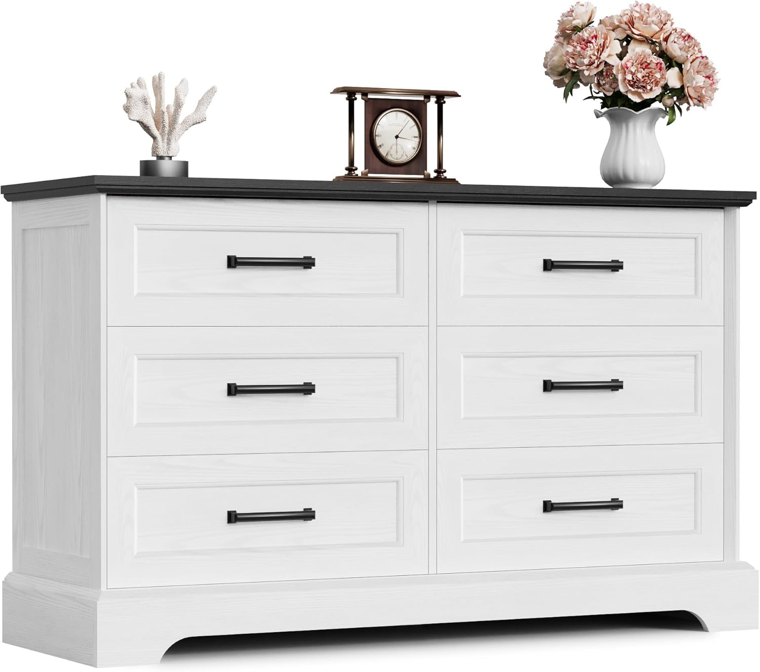 Furmax Farmhouse Dresser for Bedroom, 6 Drawers Dresser, Wood Chest of Drawers, 47.2" Wide Storage Dressers Organizer for Bedroom, Living Room, White and Black