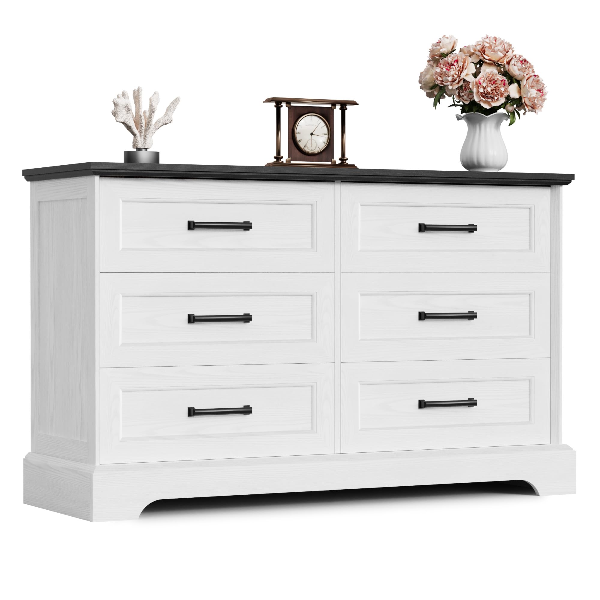 Furmax Farmhouse Dresser for Bedroom, 6 Drawers Dresser, Wood Chest of Drawers, 47.2" Wide Storage Dressers Organizer for Bedroom, Living Room, White and Black