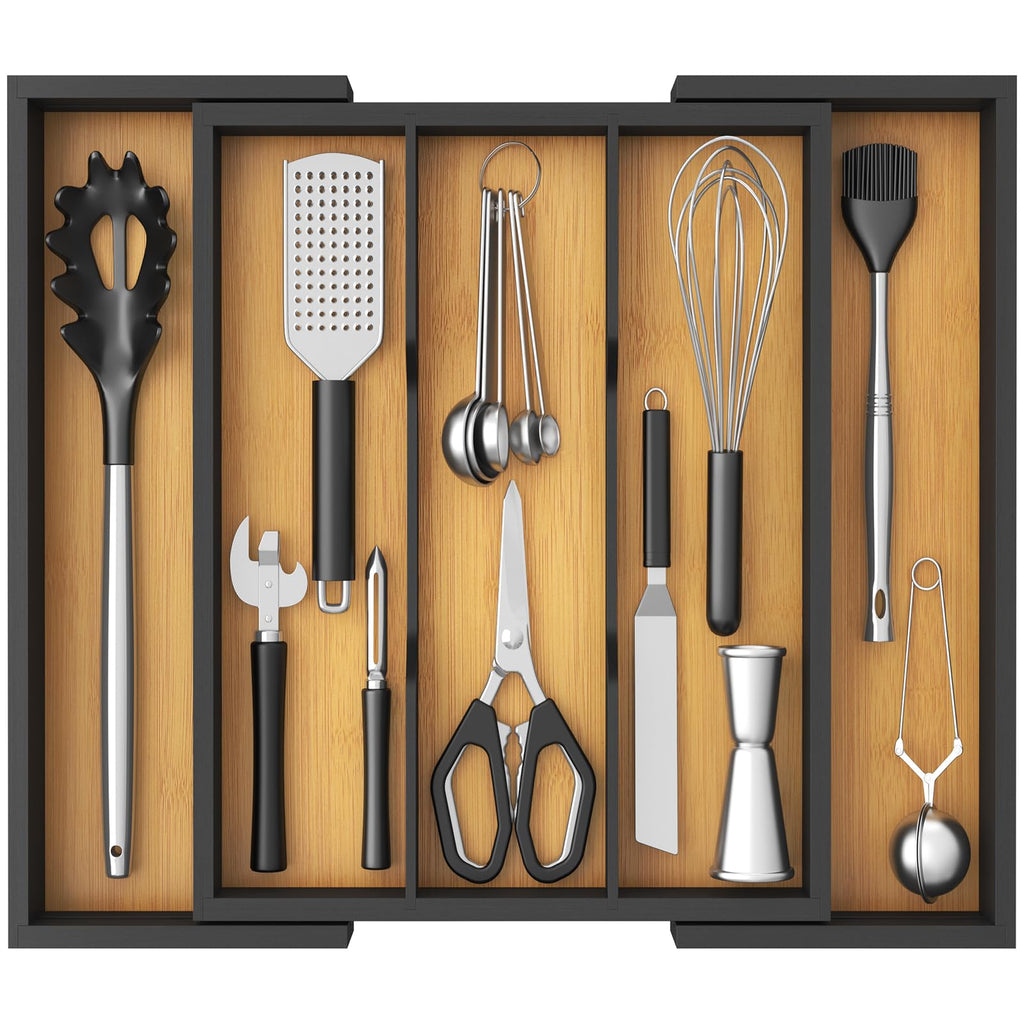 Expandable Wooden Kitchen Drawer Utensil Organizer Adjustable Cutlery Storage Tray 33-56×38cm Natural