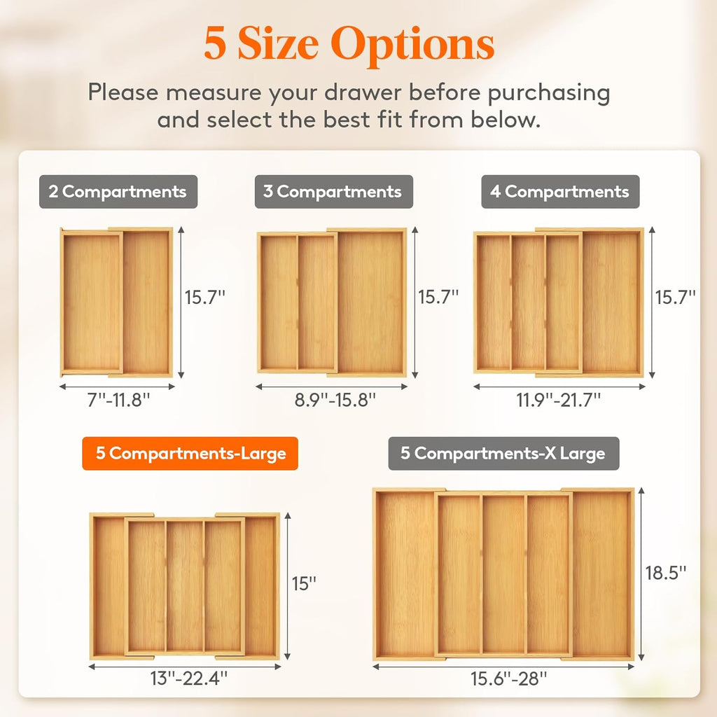 Expandable Wooden Kitchen Drawer Utensil Organizer Adjustable Cutlery Storage Tray 33-56×38cm Natural