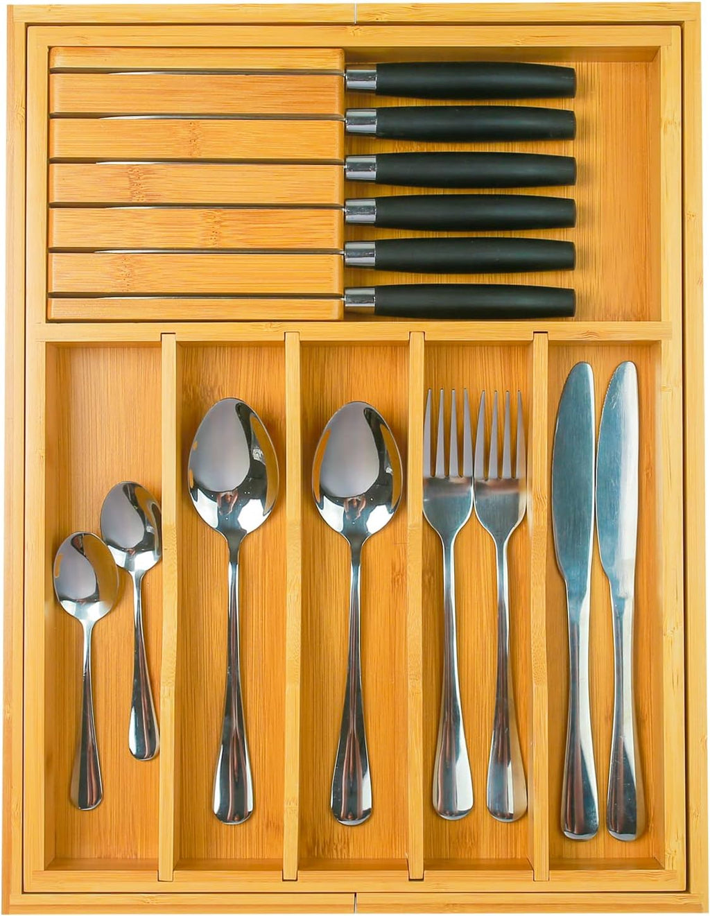 Wencrfat Silverware Drawer Organizer with Removable Knife Block and Dividers, Expandable Bamboo Kitchen Drawer Organizer, Flatware Utensil Cutlery Organizer for Drawer 8 Compartments
