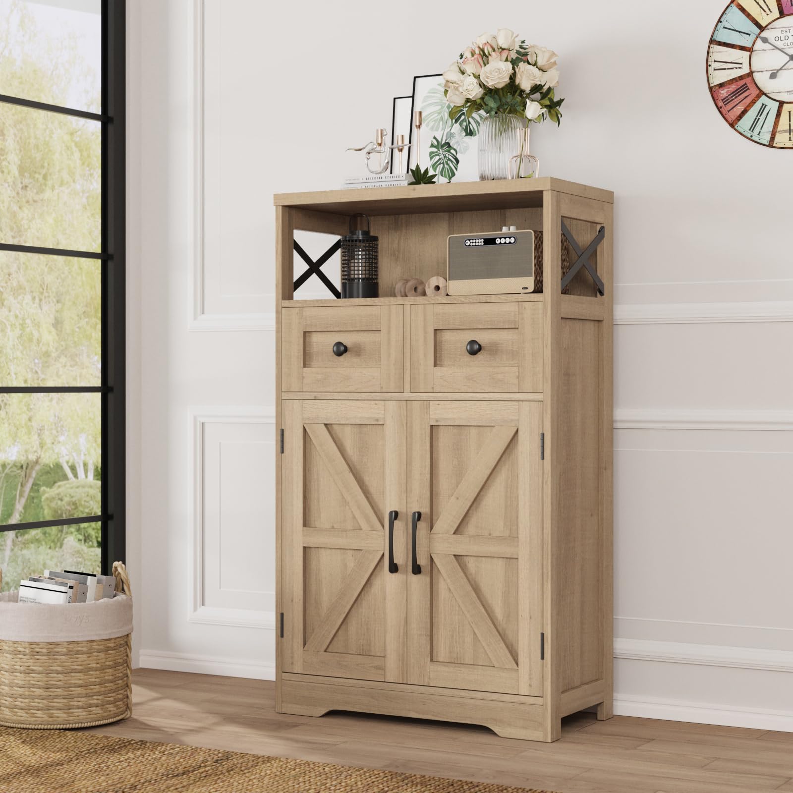 Befrases Farmhouse White Storage Cabinet with Doors and Drawers, Freestanding Kitchen Pantry Cabinet, Floor Storage Cabinet Hutch Cupboard for Kitchen, Living Dining Room, Bathroom