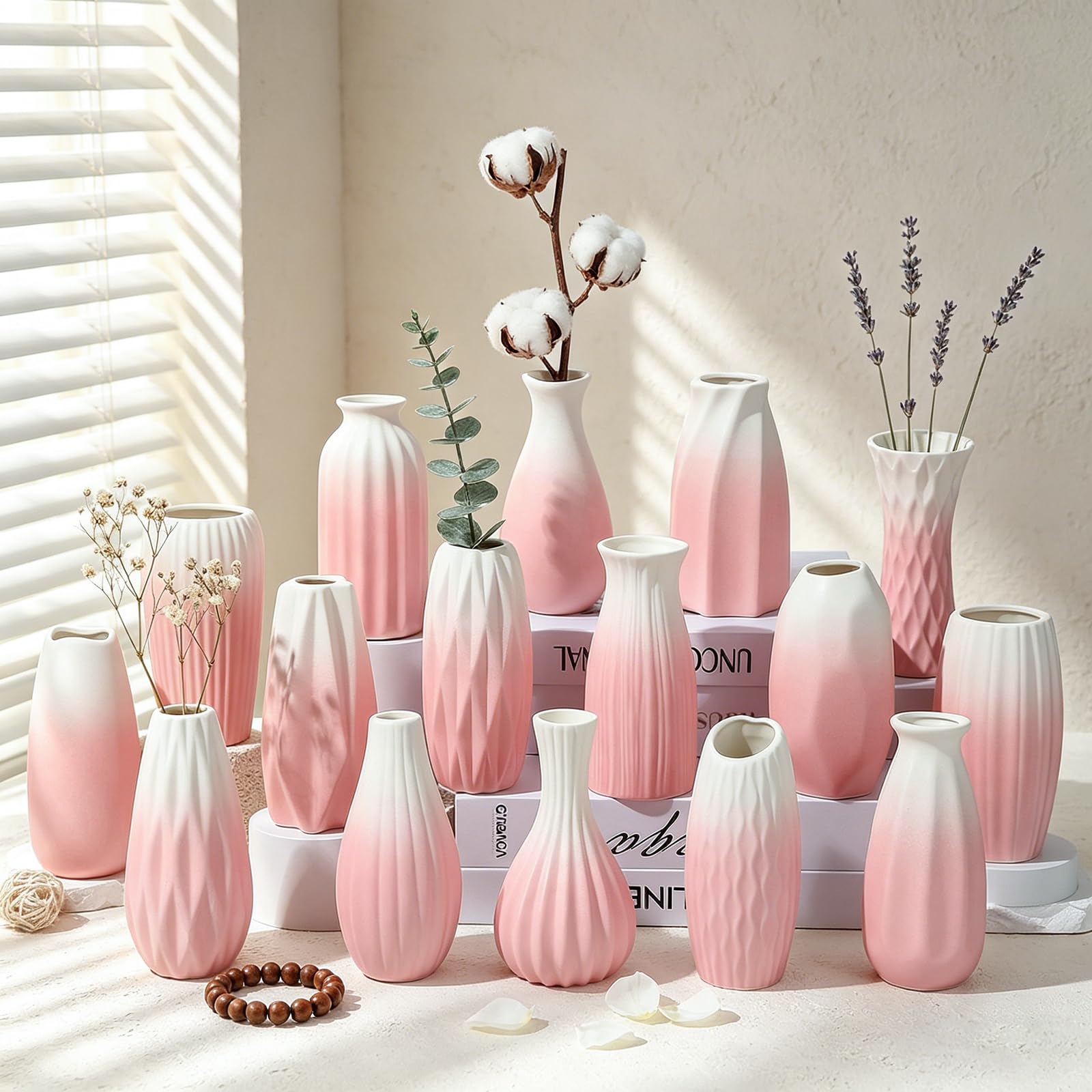 BEAHOT Ceramic Bud Vases Set of 12 - Matte Mini White Jars Bulk | Small White Ceramic Vases for Centerpieces, Wedding Floral Arrangements, DIY Crafts & Boho Table Decor (No Repeating Designs)