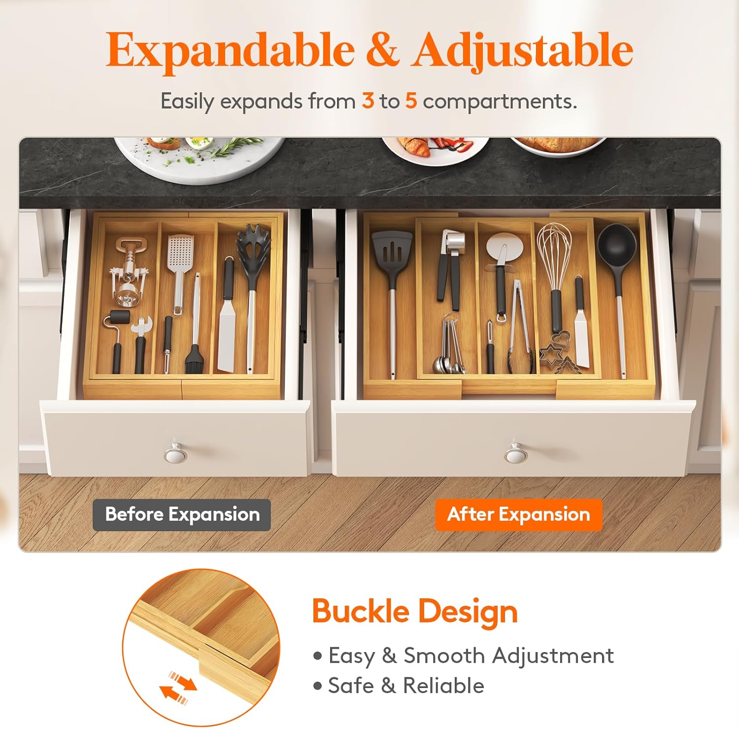 Expandable Wooden Kitchen Drawer Utensil Organizer Adjustable Cutlery Storage Tray 33-56×38cm Natural
