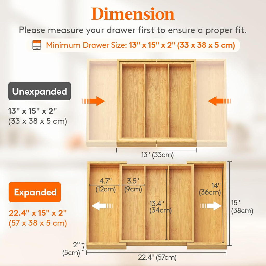 Expandable Wooden Kitchen Drawer Utensil Organizer Adjustable Cutlery Storage Tray 33-56×38cm Natural
