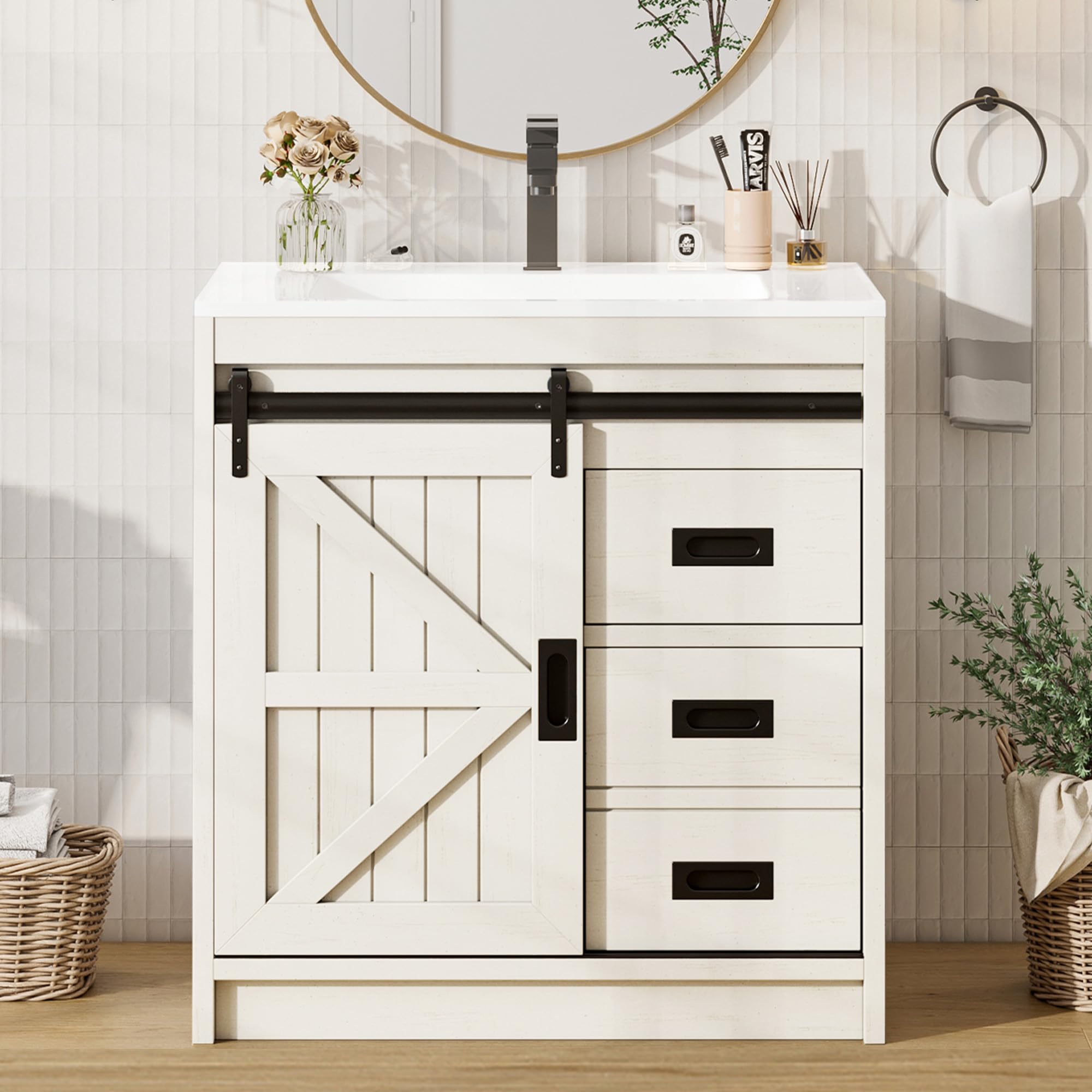 AMERLIFE 48" Farmhouse Freestanding Bathroom Vanity with Sink, Sliding Barn Doors Bathroom Vanity with Drawers & Deep Basin, Spacious Bathroom Storage, Rustic White