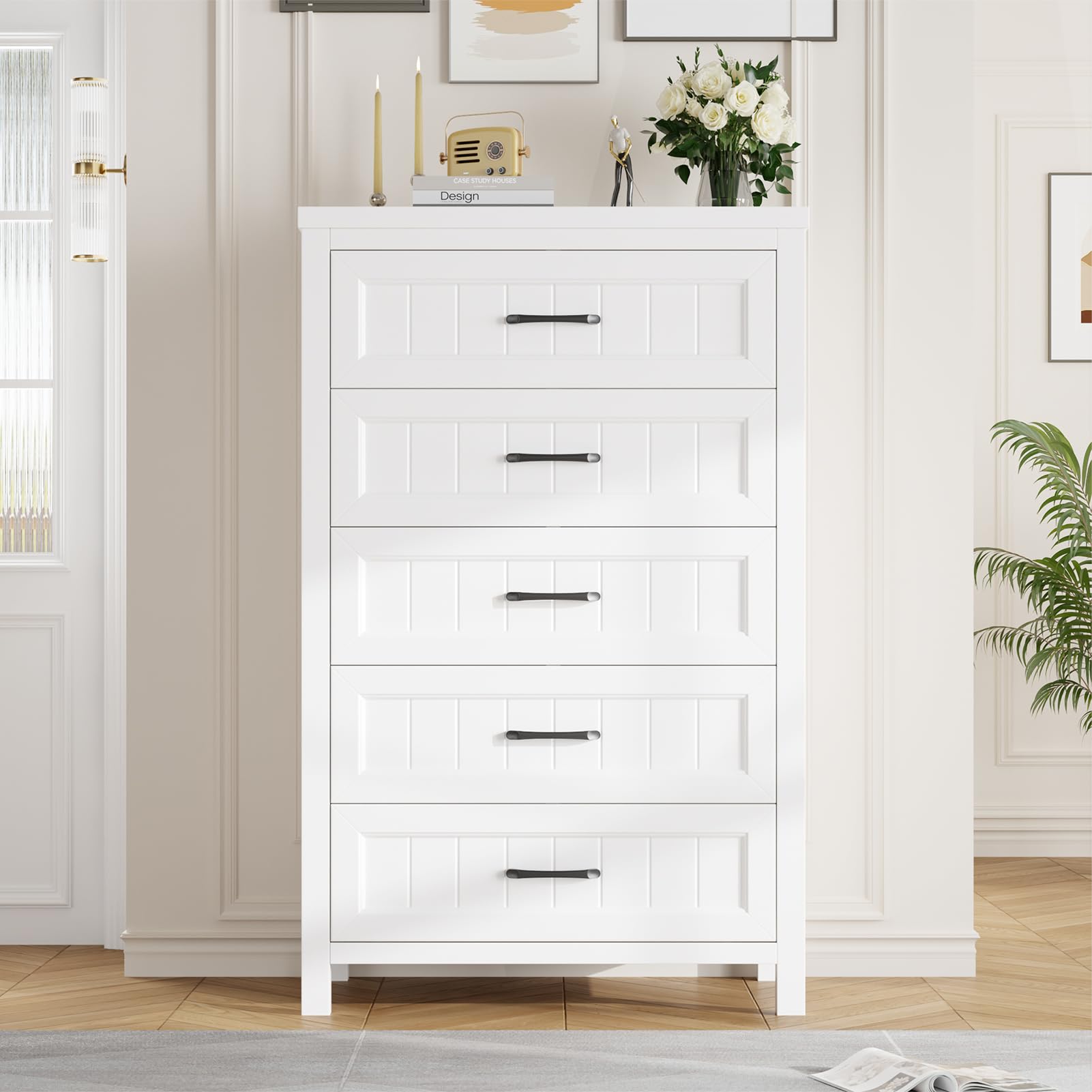 Jocoevol 5 Drawer Dresser for Bedroom - Farmhouse 44.9" Tall Chest of Dresser with Large Storage, Rubst Wood Construction for Living Room, Hallway & Entryway - White