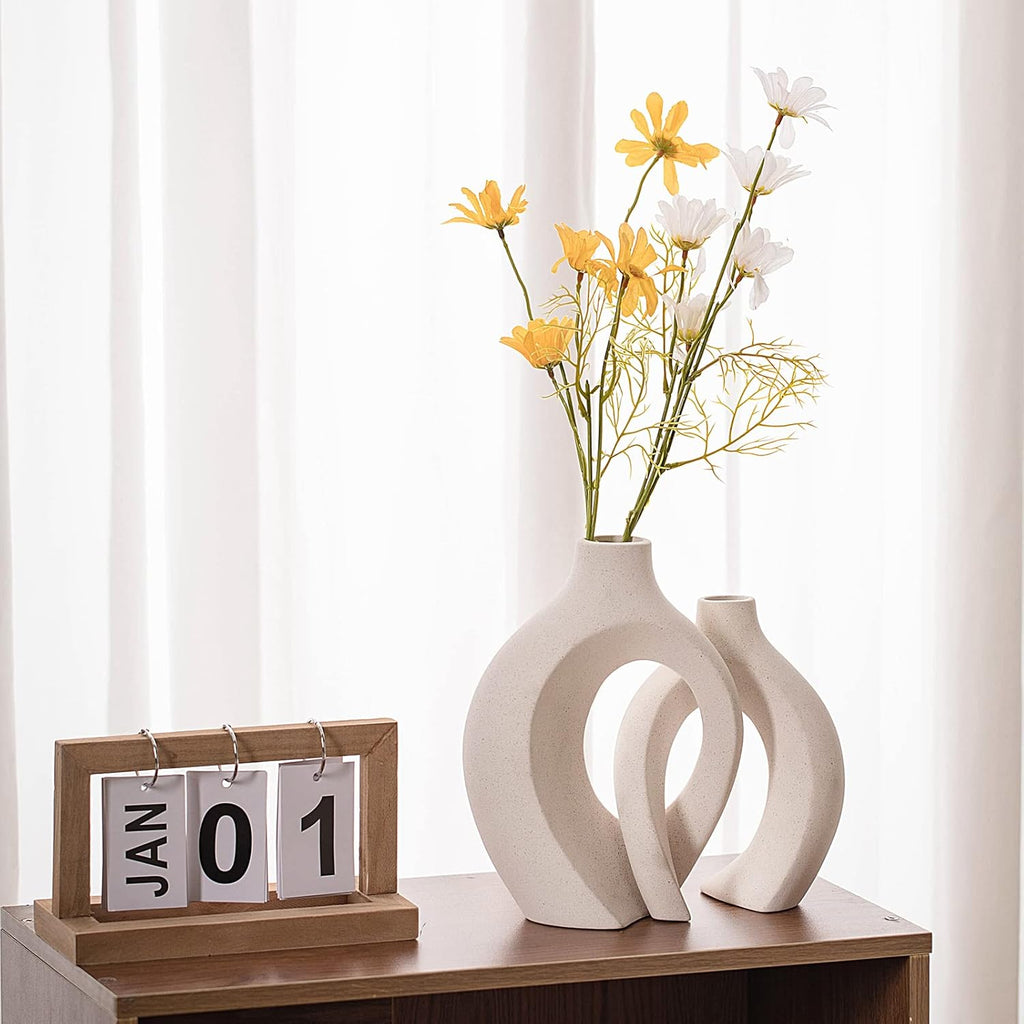 Levvohd Hollow Ceramic Vase Set of 2, Modern Nordic Minimalist Book Style Boho Aesthetic Vases for Home Decor Living Room Shelf Entryway Coffee Centerpiece Table Decorative (Cream White)