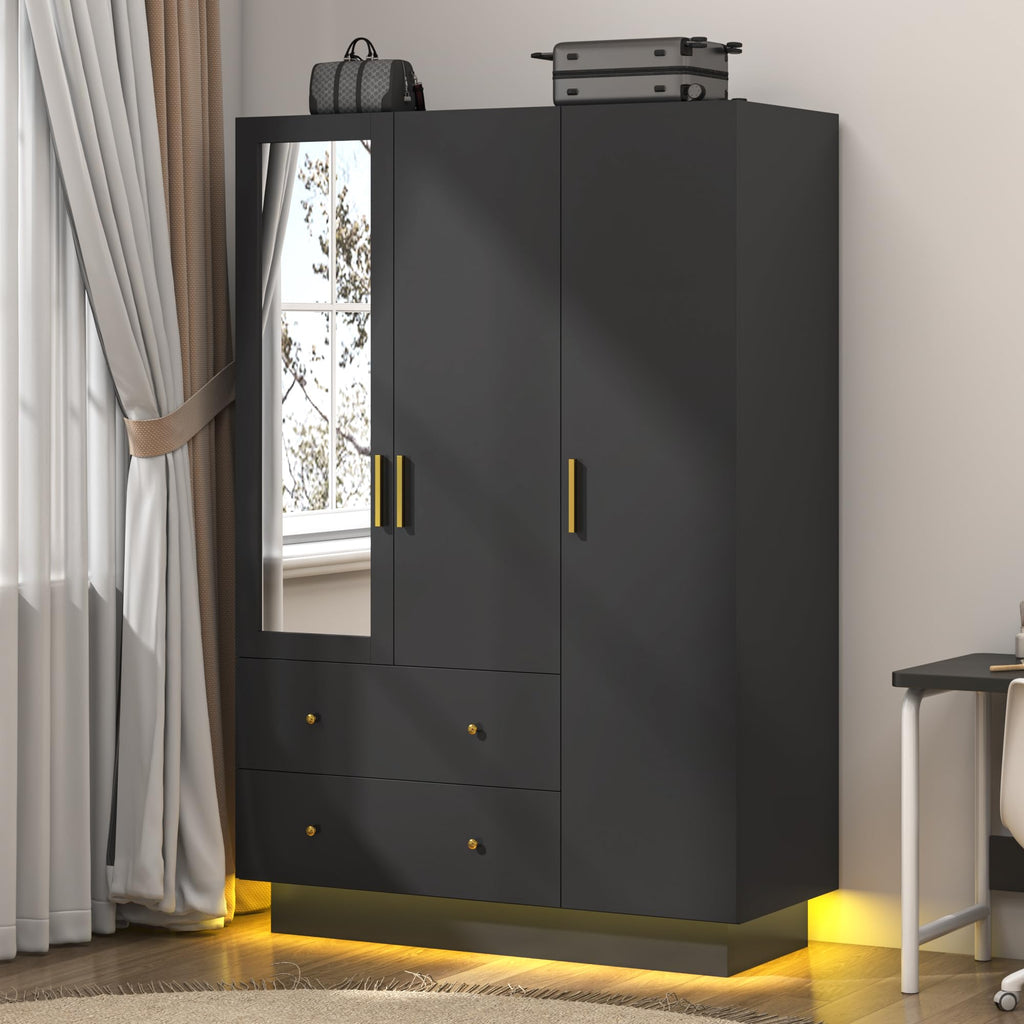 jiteentarou 2 Door Wardrobe Closet with Mirrors and LED Lights, Small Bedroom Armoire with Drawers, Modern Wooden Armoire Wardrobe Closet with Hanging Rod for Bedroom, Brown