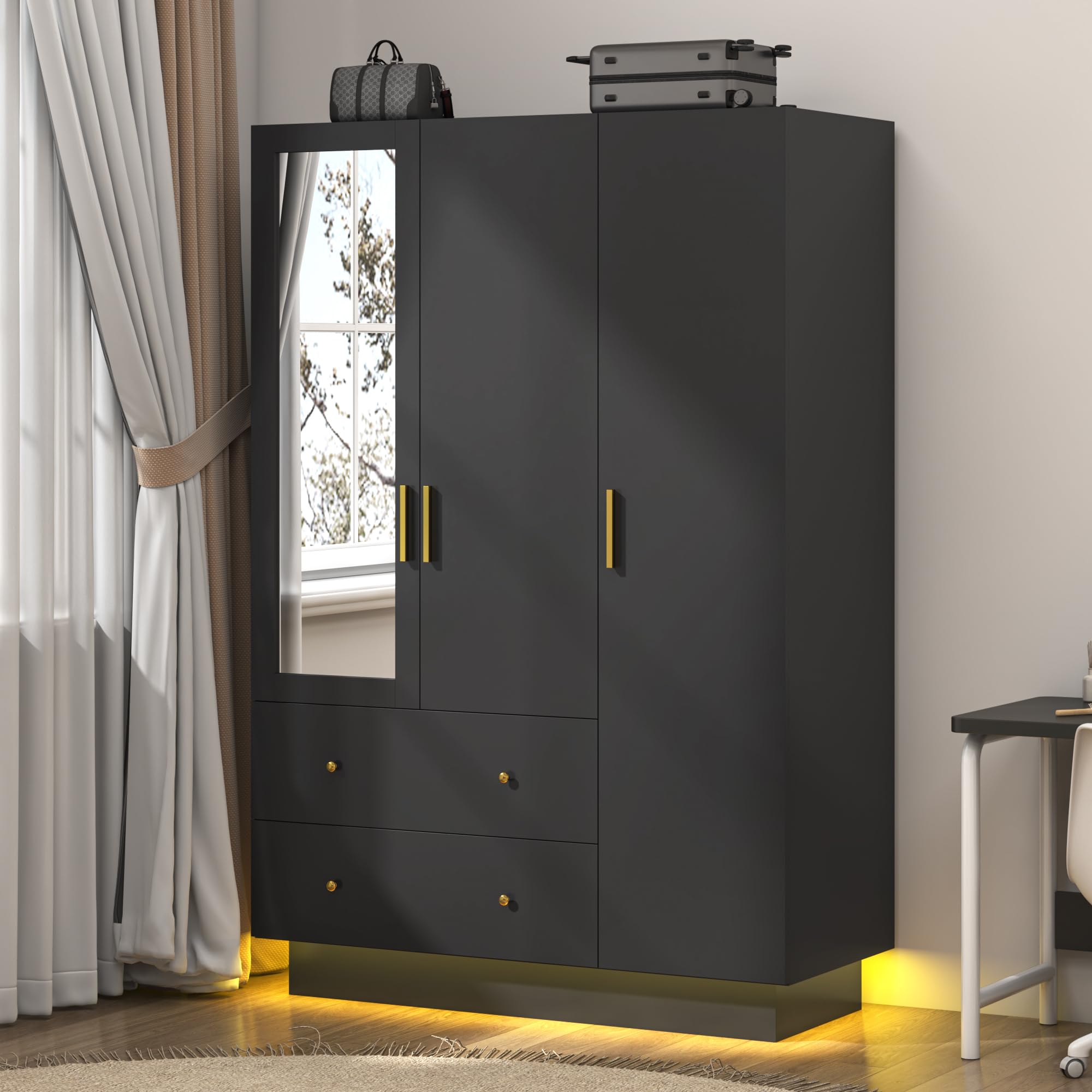 jiteentarou 2 Door Wardrobe Closet with Mirrors and LED Lights, Small Bedroom Armoire with Drawers, Modern Wooden Armoire Wardrobe Closet with Hanging Rod for Bedroom, Brown