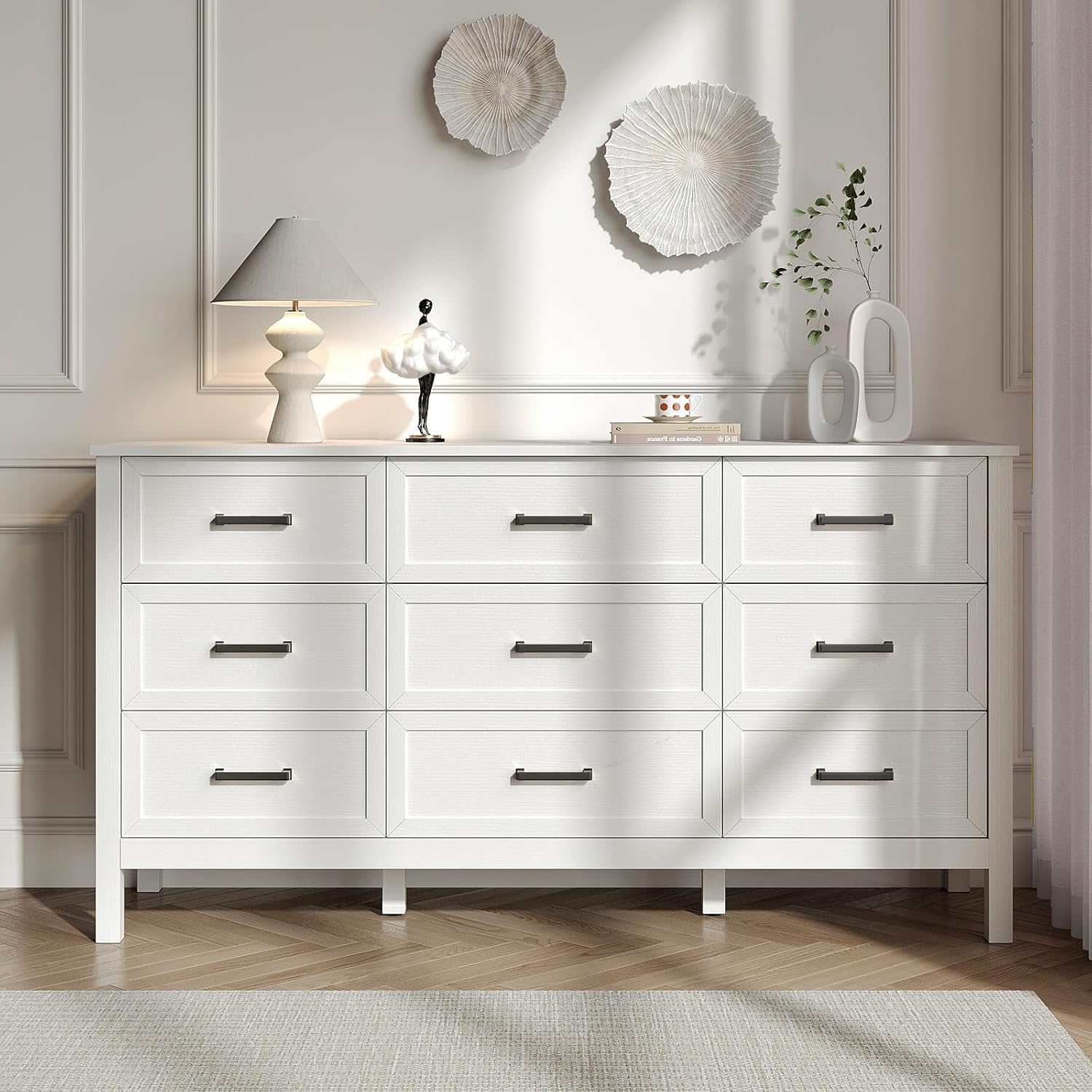Farmhouse White 9 Drawers Dresser for Bedroom, Wood Rustic Wide Dressers with Metal Handles, Wood Chest for Bedroom, Hallway, Entryway