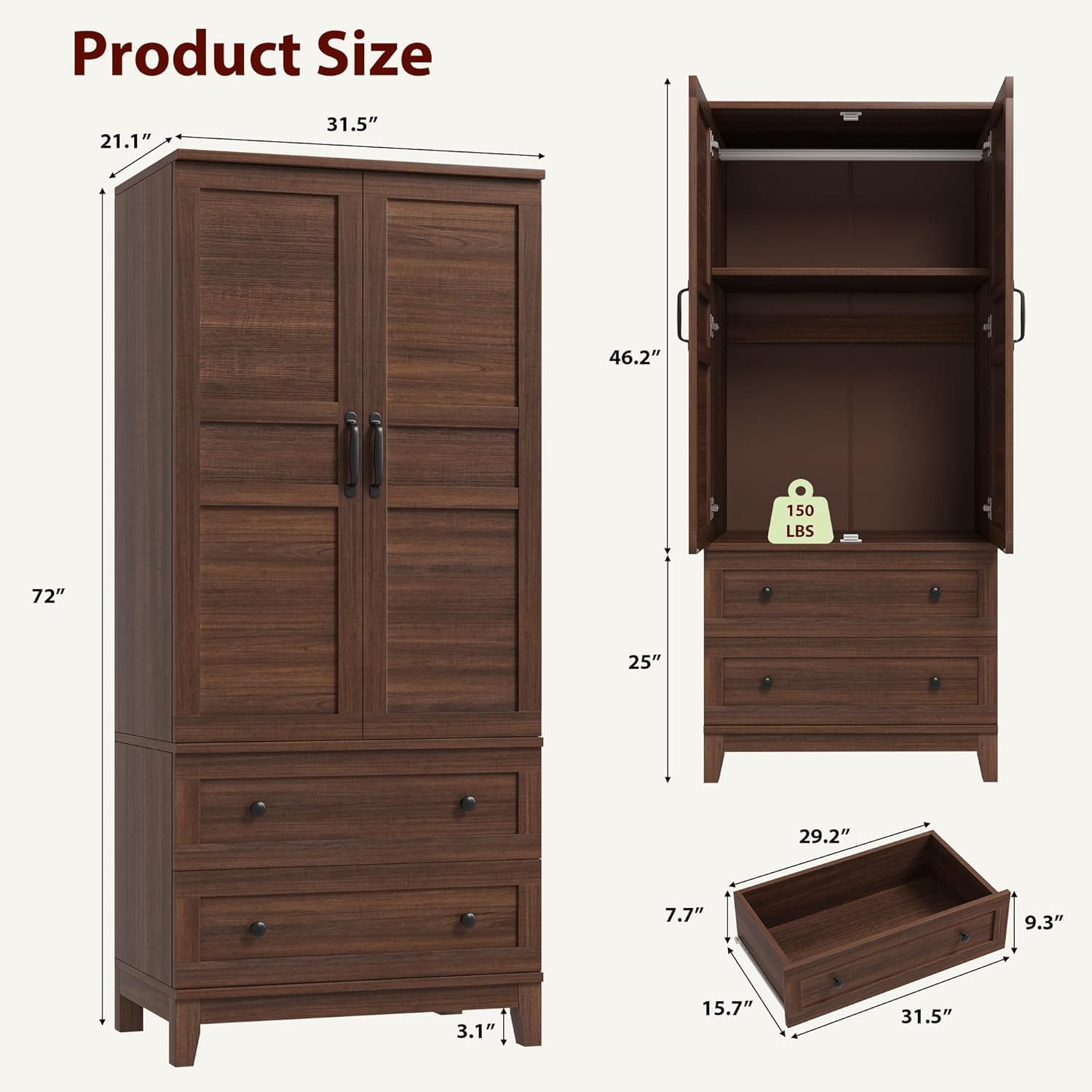 Garvee Armoire Wardrobe Closet with 2 Drawers, 72 in Tall Wooden Organizer with Hanging Rod, Large Storage Cabinet with Doors and Adjustable Shelves for Bedroom and Living Room, Rustic Brown
