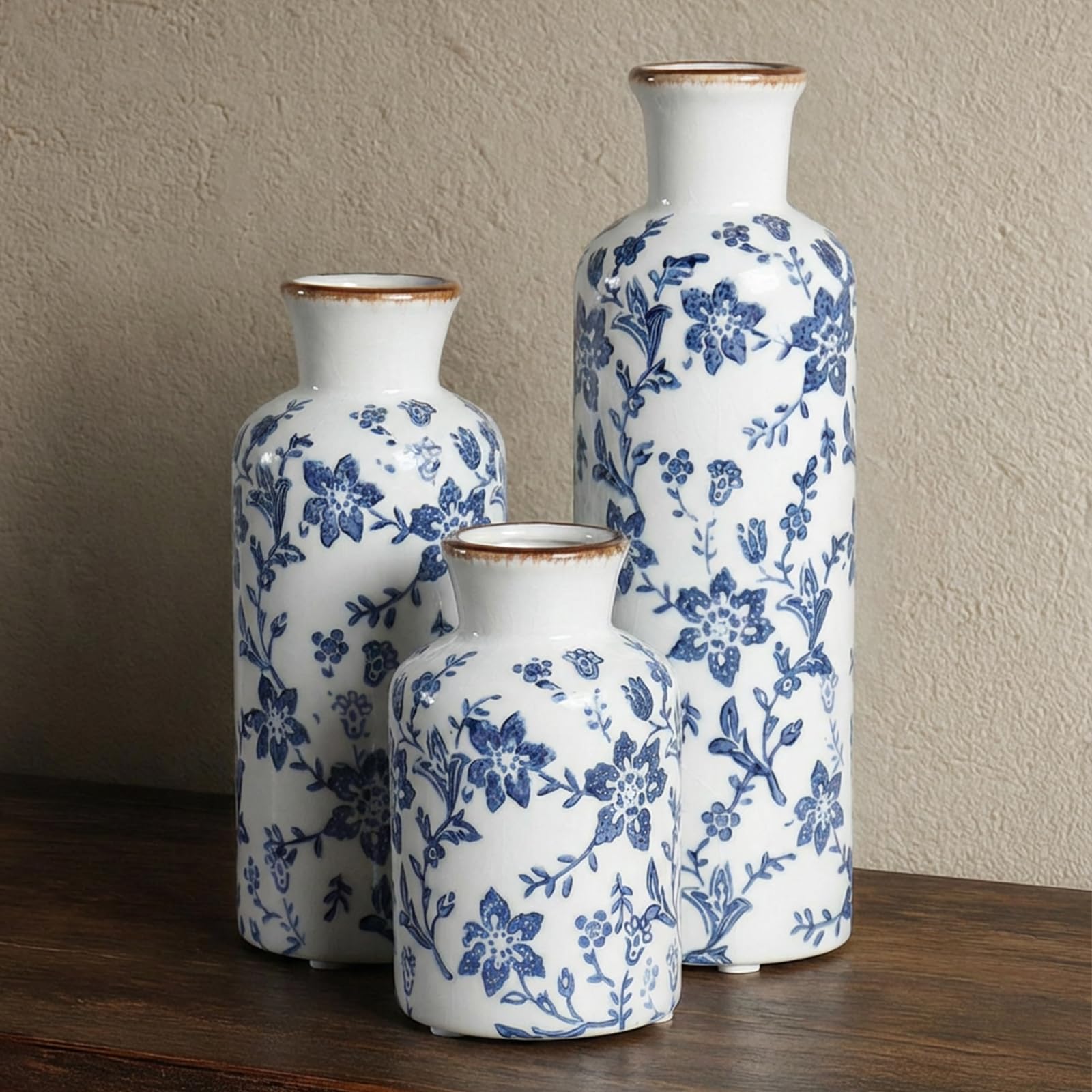 Ceramic Vase Set of 3, Vintage Ceramic Flower Vases, Crackle-Glaze & Distressed Rim, Blue Botanical Pattern, for Home Decor, Living Room Mantel & Dining Table Centerpiece
