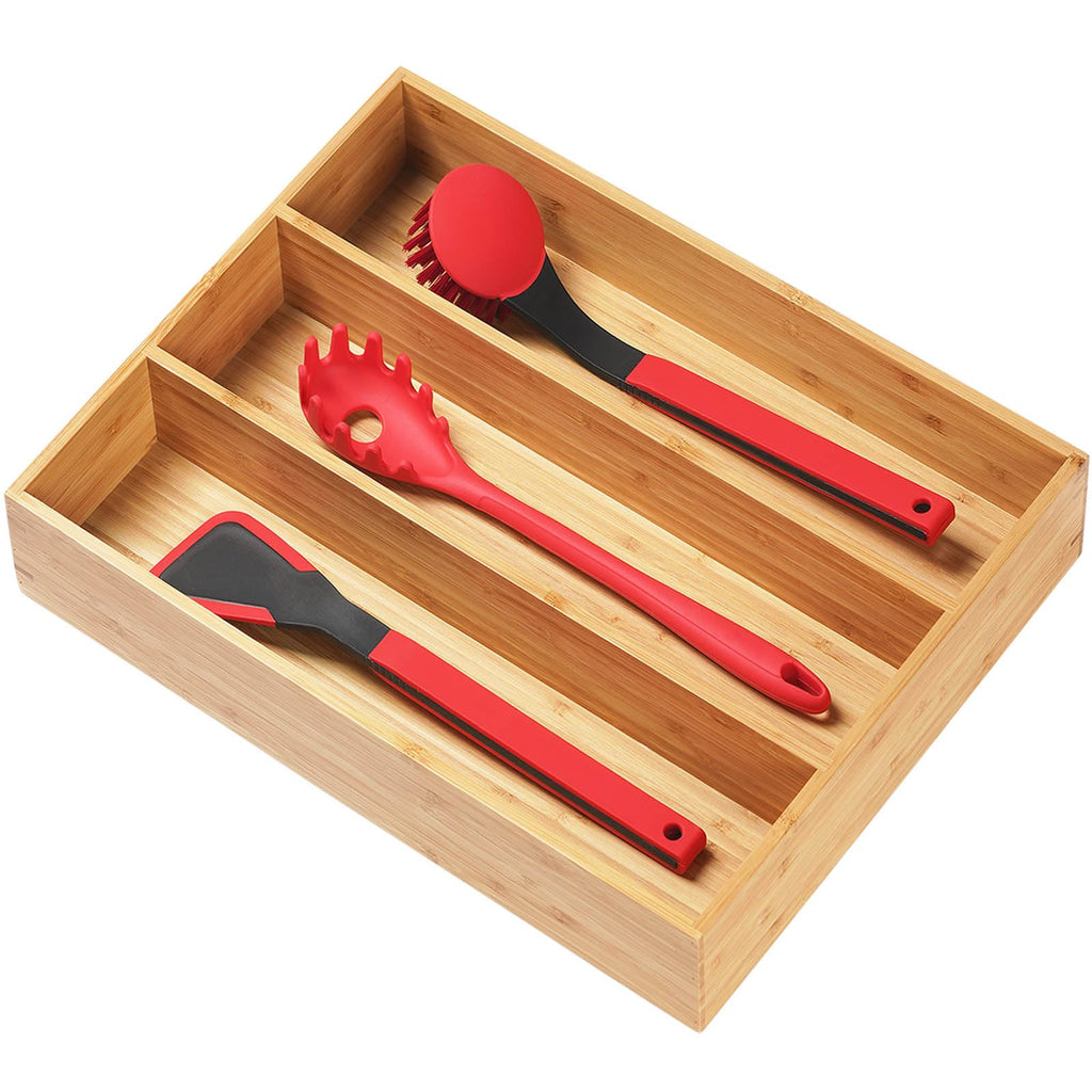 Umilife Bamboo Kitchen Drawer Organizer, 13 Inch Silverware Utensil Tray Holder, Extra Deep Grooved Drawer Divider, 7 Slots Total Bamboo Wood Caddy for Flatware Cutlery Knives, Forks, Spoons