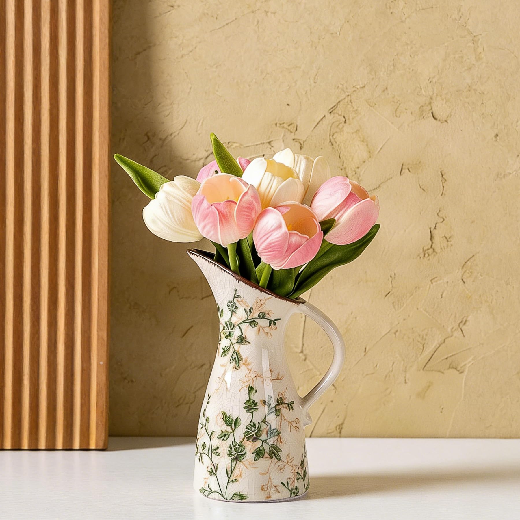 Ceramic Flower Vases Set of 3 | Green Rustic Farmhouse Vase Set for Home Decor, Vintage Floral Decorative Vase for Living Room & Kitchen, Mantel & Bookshelf, Centerpieces, Entryway(5.7+5.9+7.1Inch)
