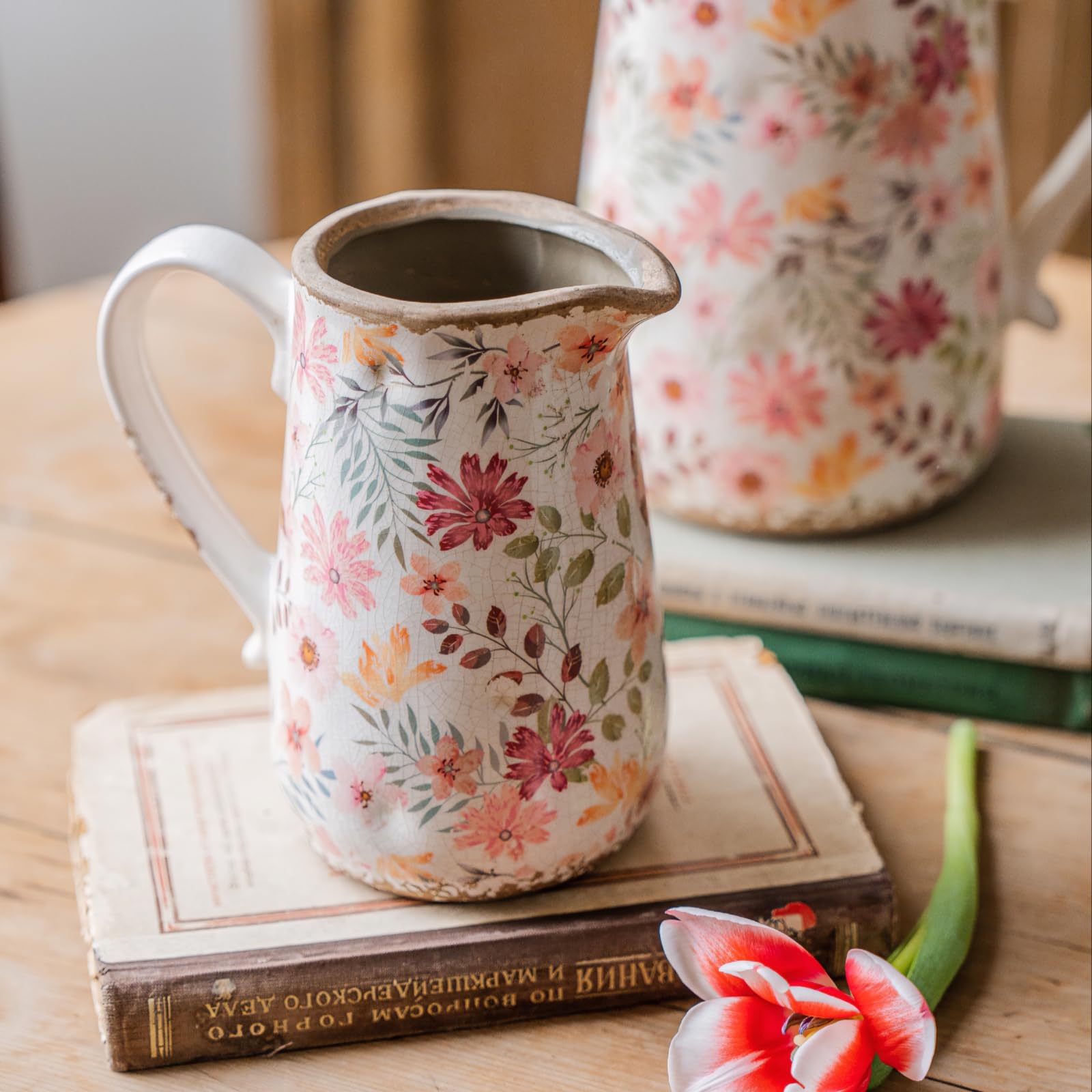 Vintage Vase Set of 3, Ceramic Vintage Flower Vases, Chinoiserie Decorative Home Decor Retro Floral Vase Rustic Farmhouse Decor for Table Bookshelf Mantel Kitchen Living Room Office - Colorful Daisy