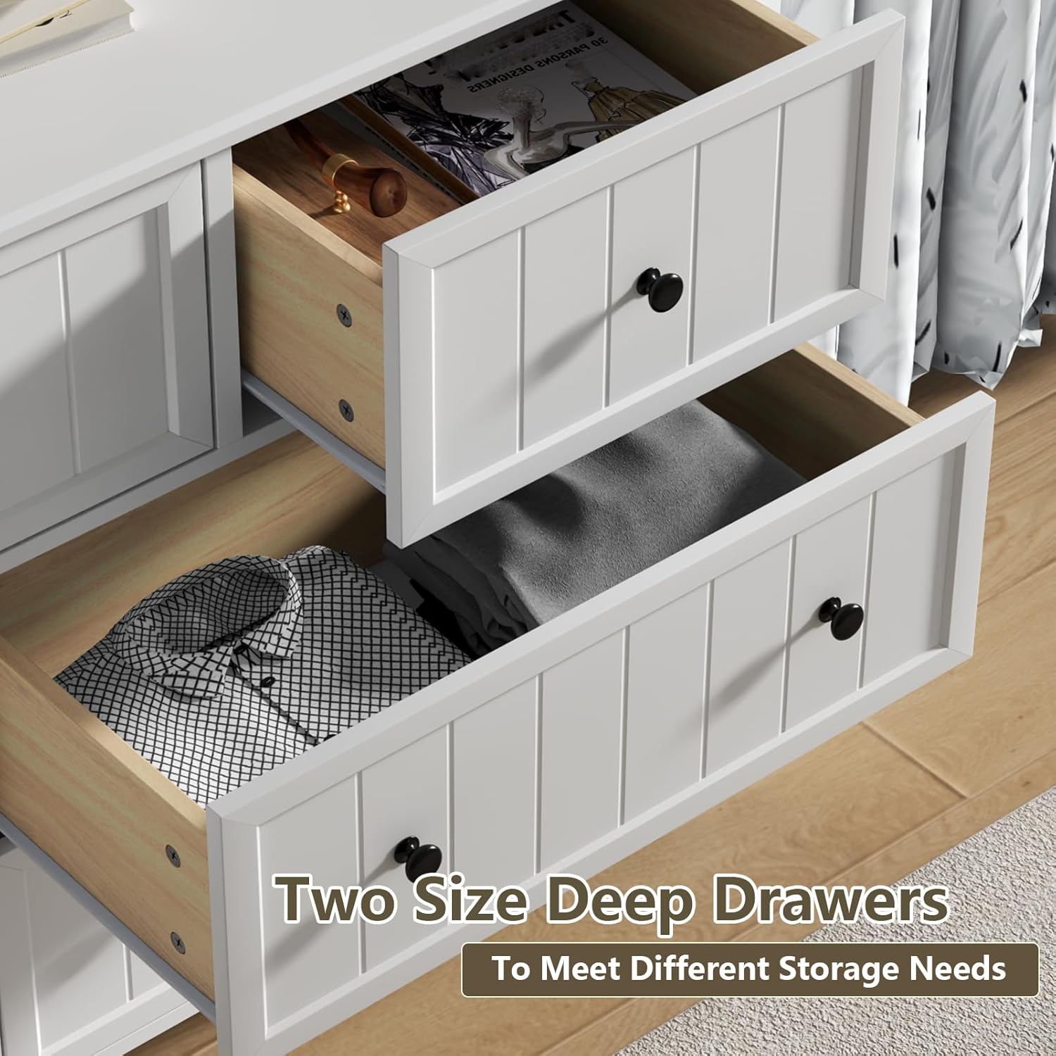 Farmhouse 7 Drawers Dresser for Bedroom, White Dresser Chest of Drawers, Wood Storage Dressers with Deep Drawers and Metal Handle, Wide Modern Dressers & TV Stand for Living Room, Closet, Hallway