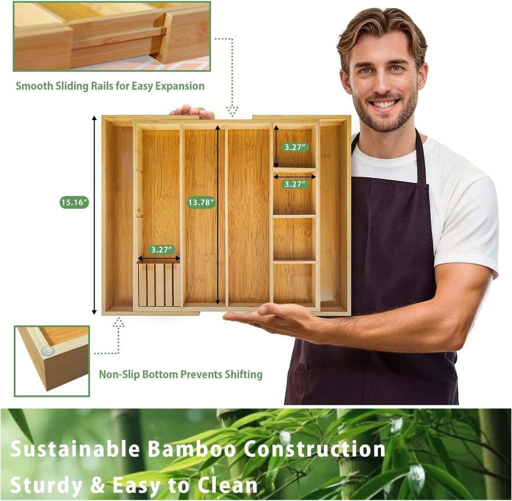 Bamboo Expandable Drawer Organizer with Removable Dividers, 15"-22" Adjustable Tray for Kitchen Utensils, Makeup & Office Storage