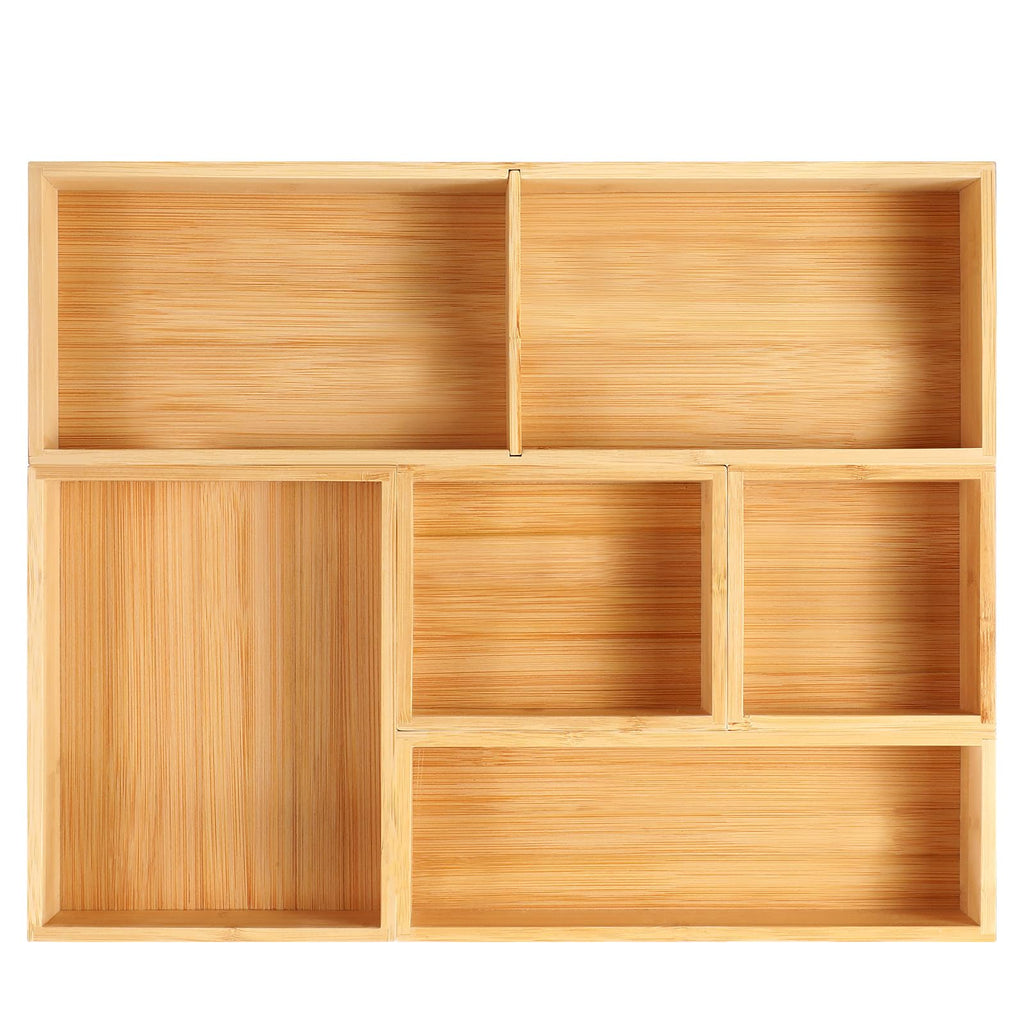 Fabsome Drawer Organizer, Set of 9 Bamboo Wood Kitchen Makeup Desk Junk Tea Drawer Storage Boxes Bins for Cutlery Silverware Utensils Flatware, Small Wooden Container Tray for Bathroom, Office