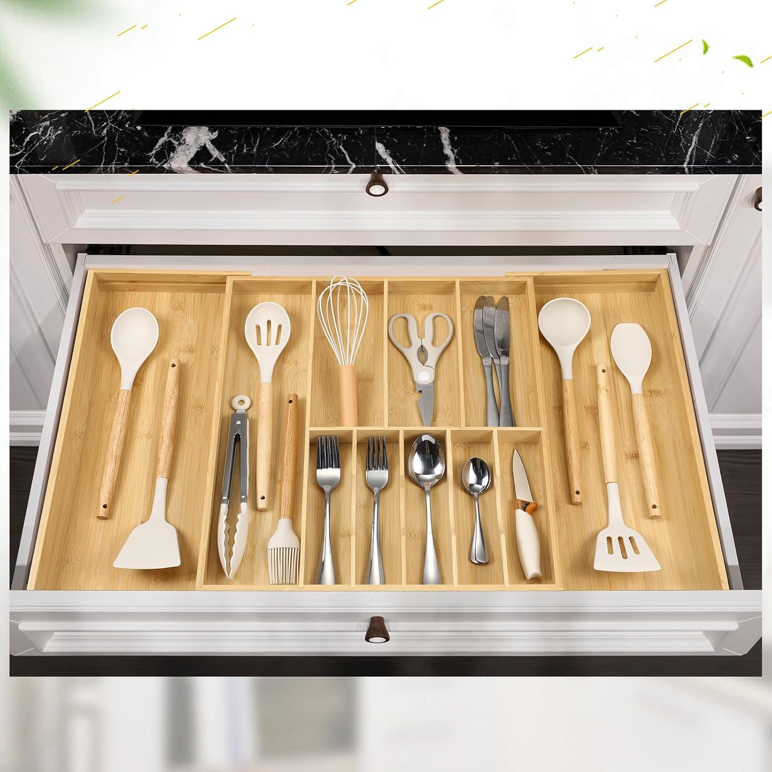 Expandable Bamboo Silverware Drawer Organizer Adjustable Kitchen Cutlery Storage Tray 16.7''-30''