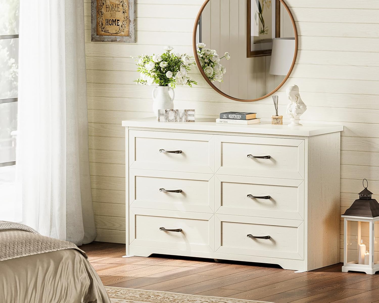 Vintage White Farmhouse 6-Drawer Wooden Dresser 47" Wide Bedroom Storage Chest