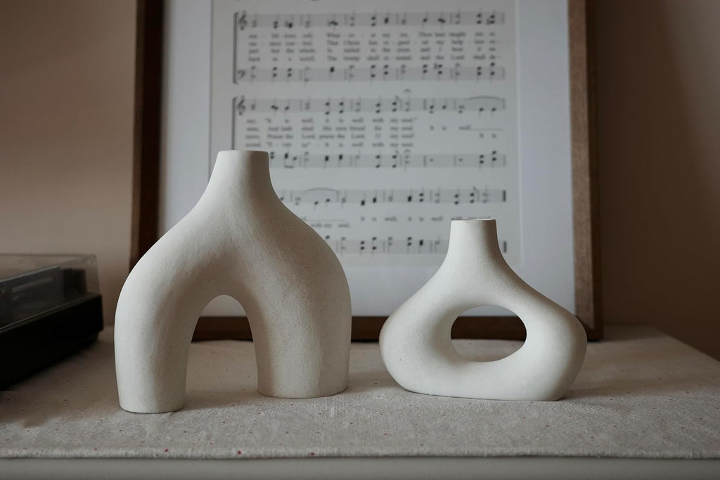 Carrot's Den Donut Vase, Set of 2 - White Large Ceramic Vase - Minimalist Nordic, Hollow | Table Centerpiece, Olive Plant, Wedding, Living Room, Bookshelf, Office, Modern Home, Entryway, Console