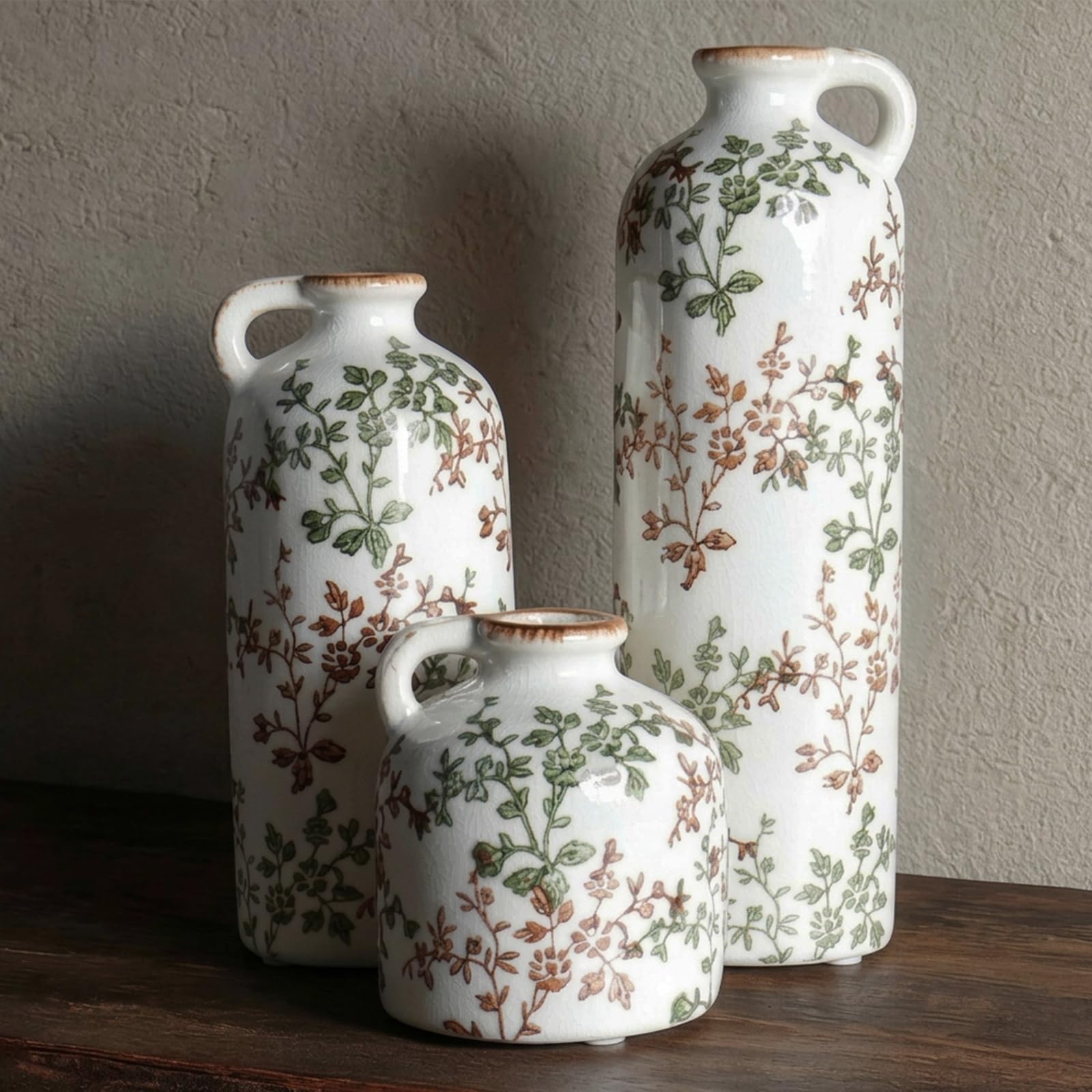 Ceramic Vase Set of 3, Vintage Ceramic Flower Vases, Crackle-Glaze & Distressed Rim, Blue Botanical Pattern, for Home Decor, Living Room Mantel & Dining Table Centerpiece