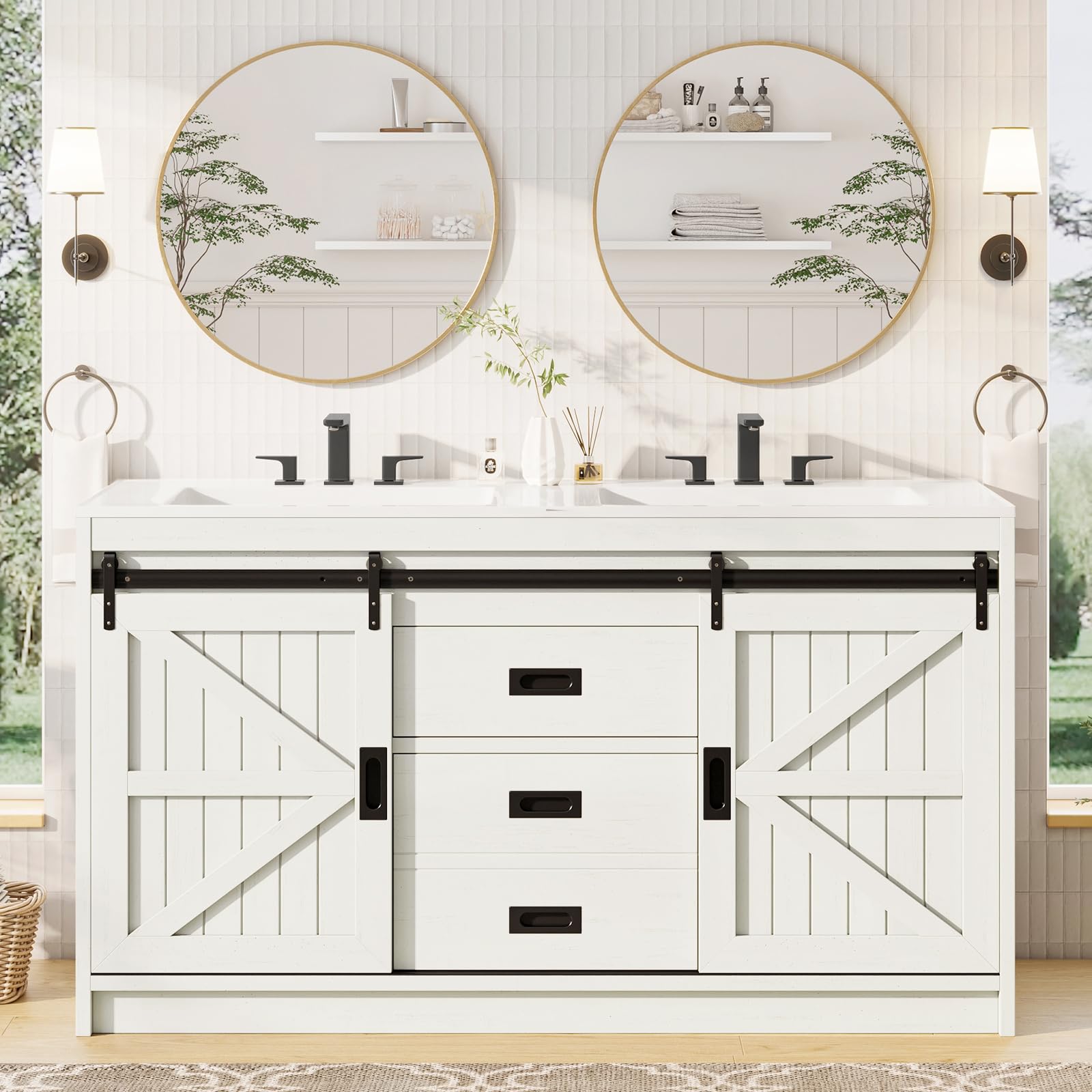 AMERLIFE 48" Farmhouse Freestanding Bathroom Vanity with Sink, Sliding Barn Doors Bathroom Vanity with Drawers & Deep Basin, Spacious Bathroom Storage, Rustic White
