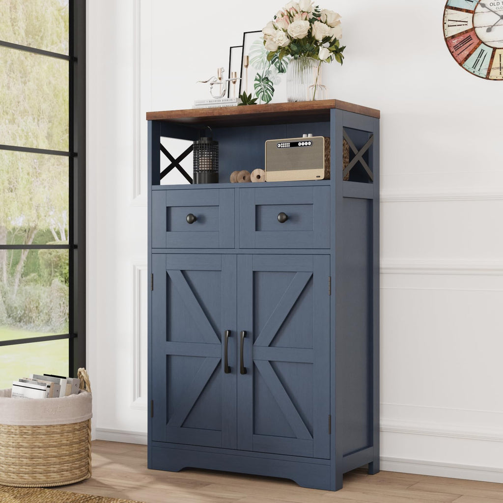 Befrases Farmhouse White Storage Cabinet with Doors and Drawers, Freestanding Kitchen Pantry Cabinet, Floor Storage Cabinet Hutch Cupboard for Kitchen, Living Dining Room, Bathroom