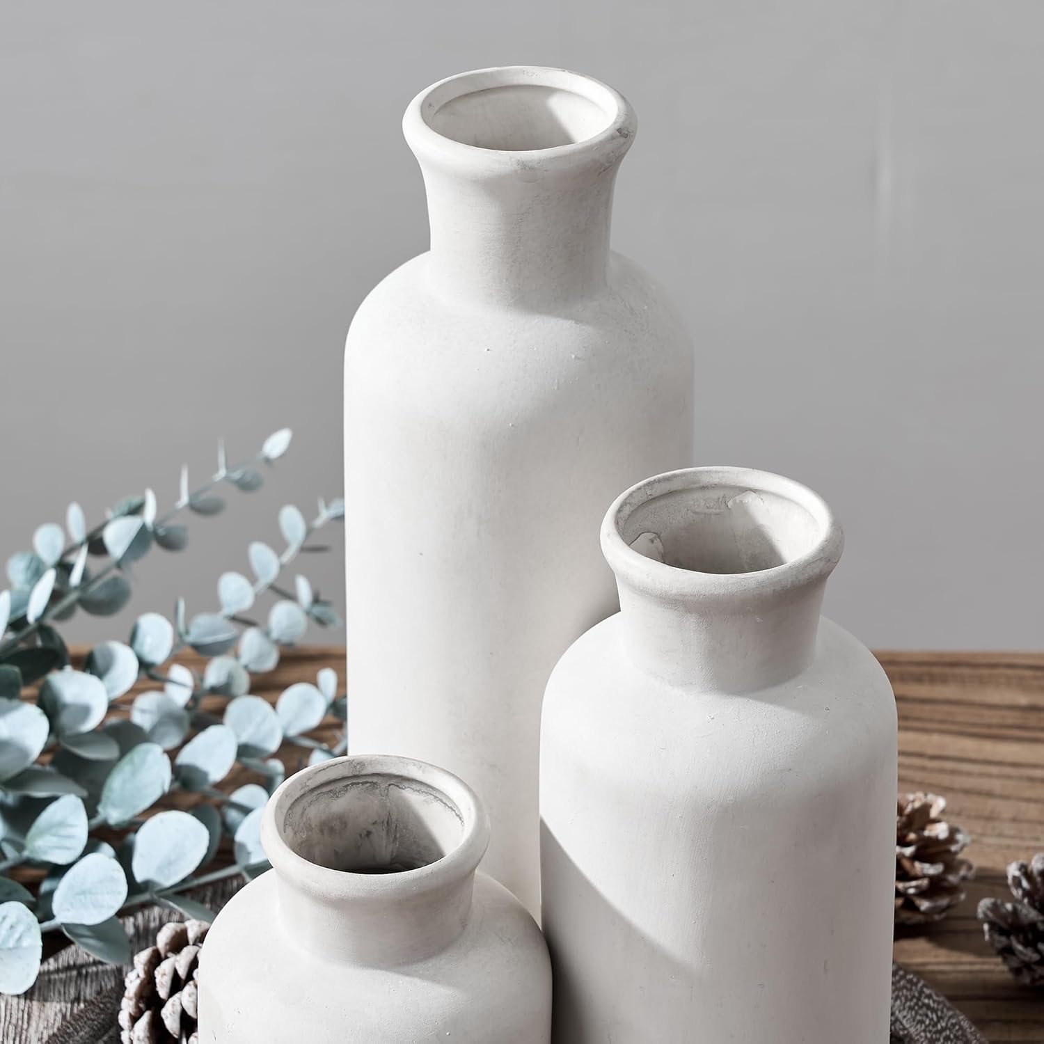 LUKA Ceramic Vase Set of 3,Decorative Terracotta Vases for Home Decor,Rustic Pottery Vase for Your Bedroom,Office,Living Room,Fireplace,Bookshelf （10+7.5+5 Inch） (Antique-White)
