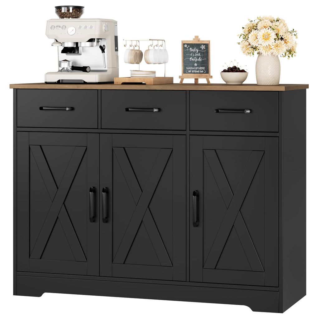 HOSTACK Modern Farmhouse Sideboard Buffet Cabinet, Barn Doors Buffet Storage Cabinet with Drawers and Shelves, Wood Coffee Bar with Storage for Kitchen, Dining Room, Living Room, White