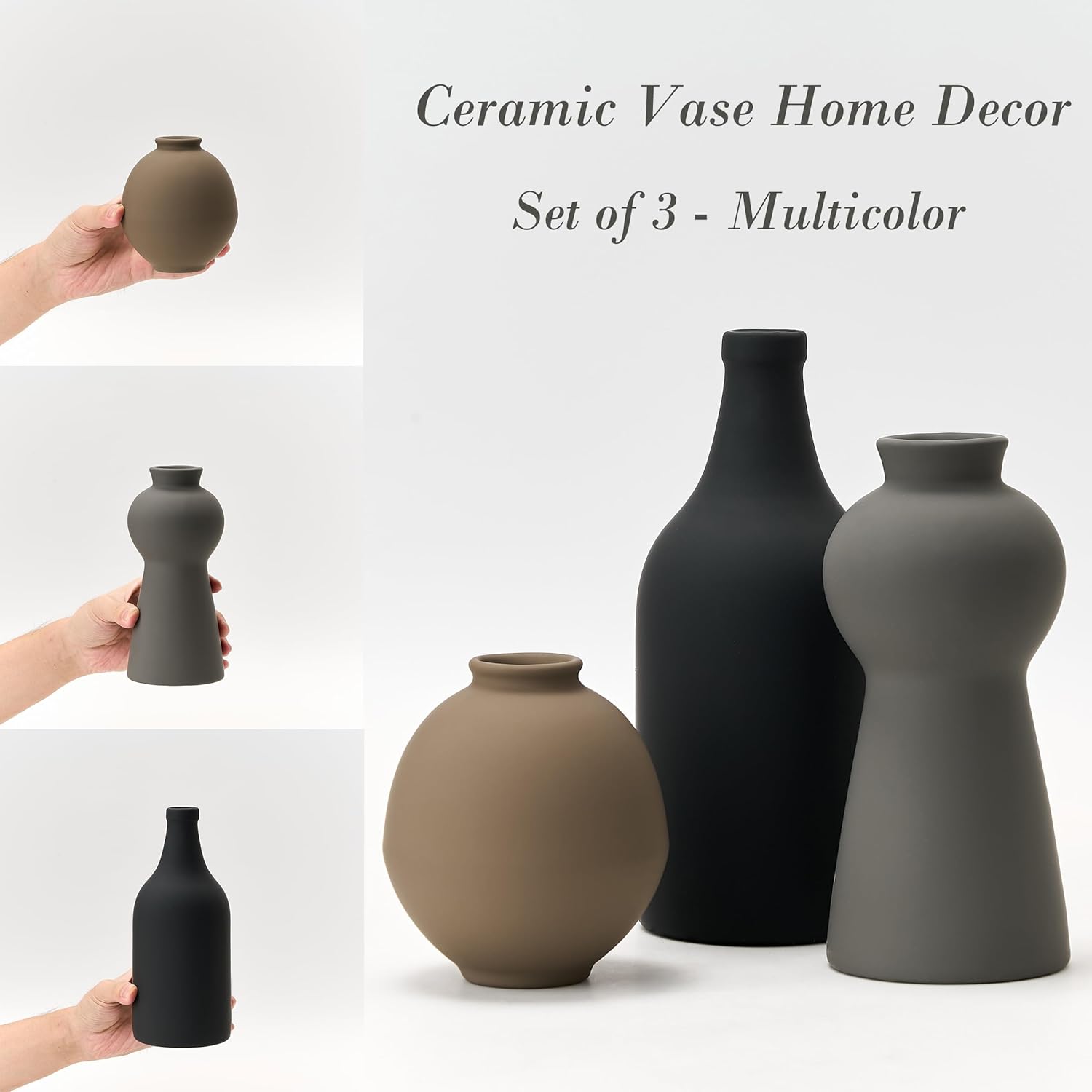 Ceramic Vase Set of 3, Nordic Minimalist Multicolor Vases Home Decor, Rustic Farmhouse Decor Pottery Vases for Bouquet Pampas Grass Dried Fresh Flowers, Living Room, Kitchen, Bedroom, Entryway Mantel