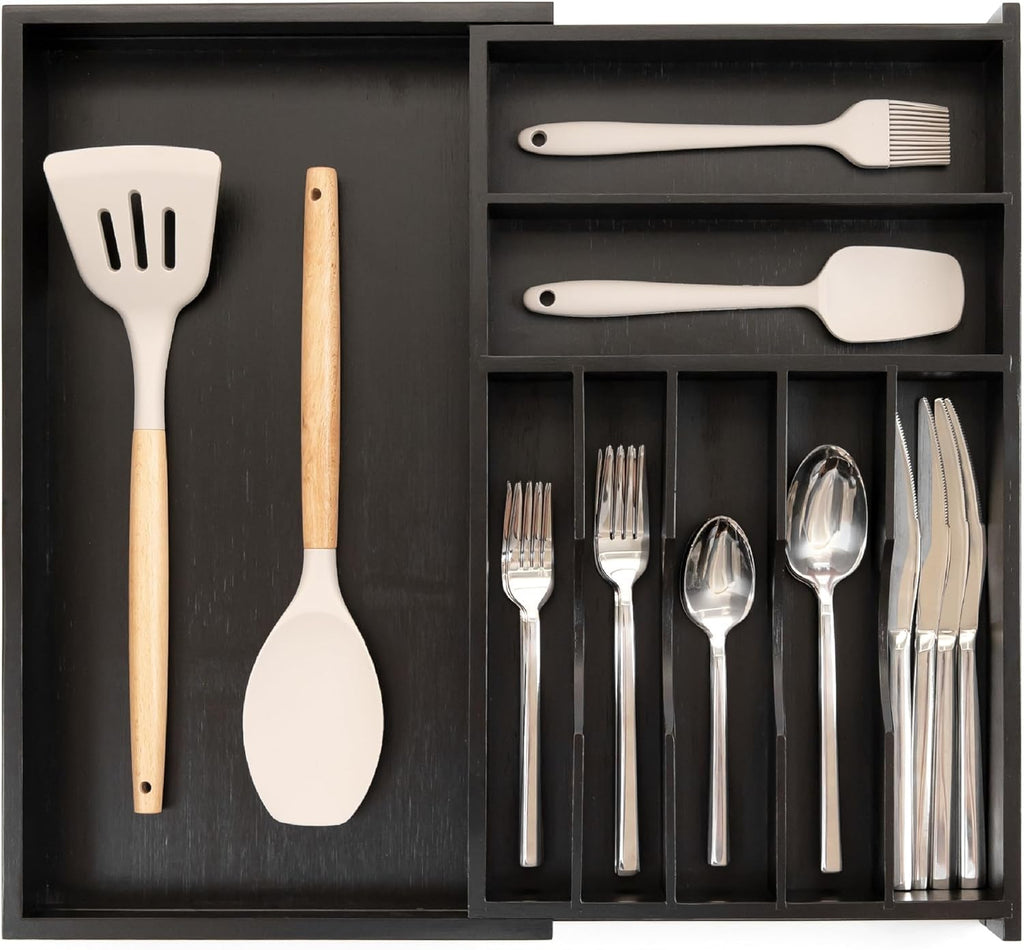 KitchenEdge Premium Silverware, Flatware and Utensil Organizer for Kitchen Drawers, Food-Safe Contract Grade, Expandable from 18 to 33 In, Natural Bamboo
