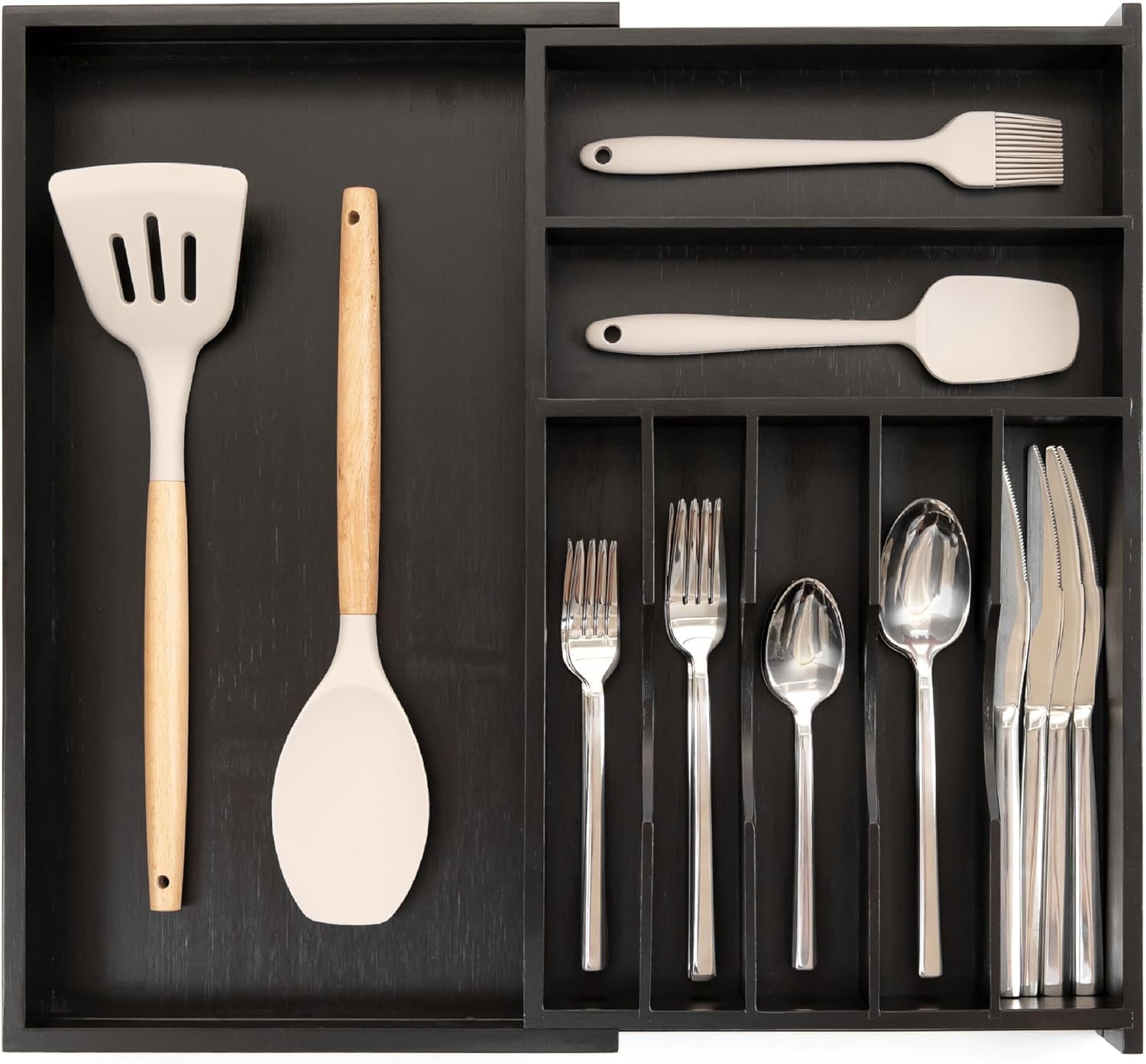 KitchenEdge Premium Silverware, Flatware and Utensil Organizer for Kitchen Drawers, Food-Safe Contract Grade, Expandable from 18 to 33 In, Natural Bamboo