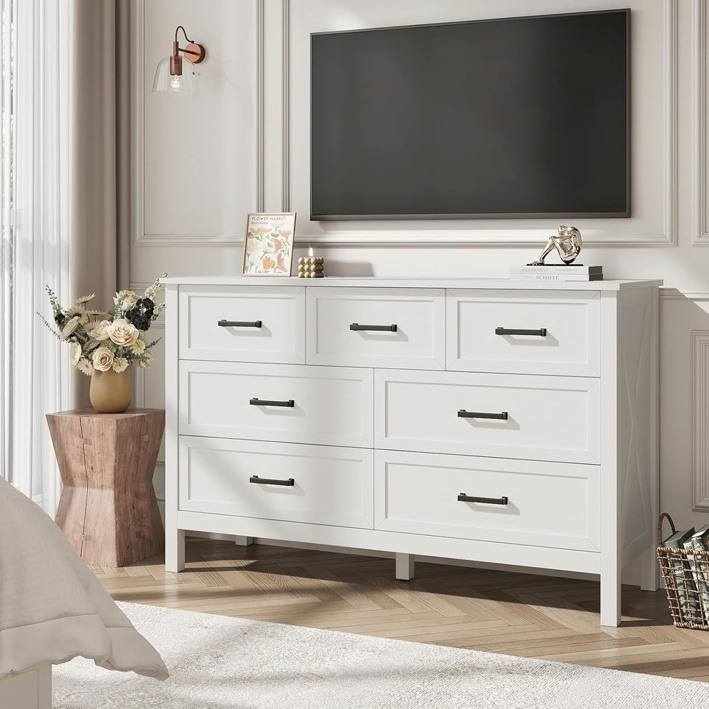 White 7 Drawers Dresser for Bedroom, Farmhouse Wood Rustic Wide Chest with Metal Handles, Storage Dressers Organizer for Bedroom, Hallway, Entryway