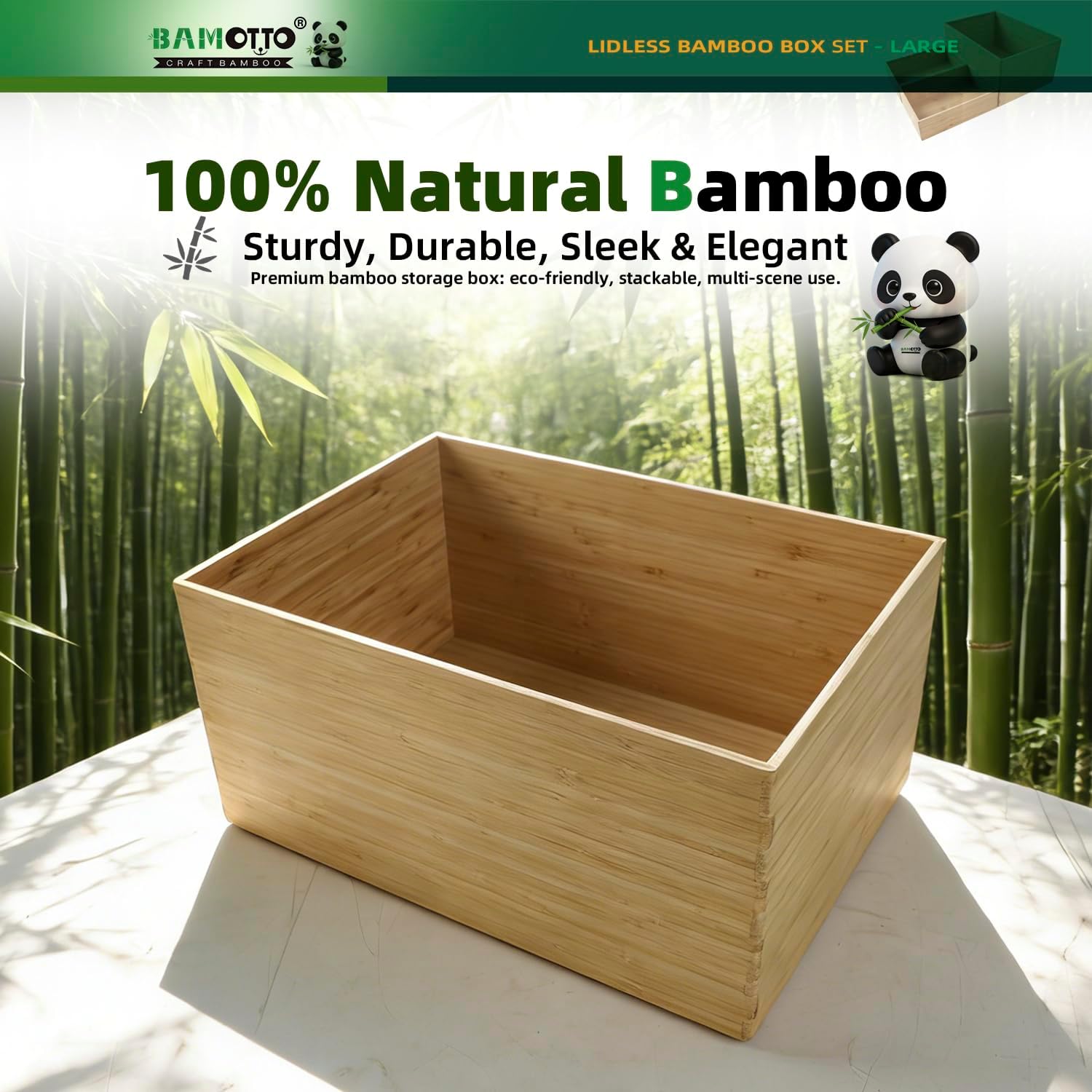 BAMOTTO CRAFTBAMBOO 3-Piece Large Bamboo Storage Box Set - 7.1in High Stackable Deep-Drawer Organizer, Lidless Bamboo Bin for Kitchen Cutlery Utensils Knives (14.6"x10.2"x7.1"*1 + 10.2"x7.3"x3"*2)