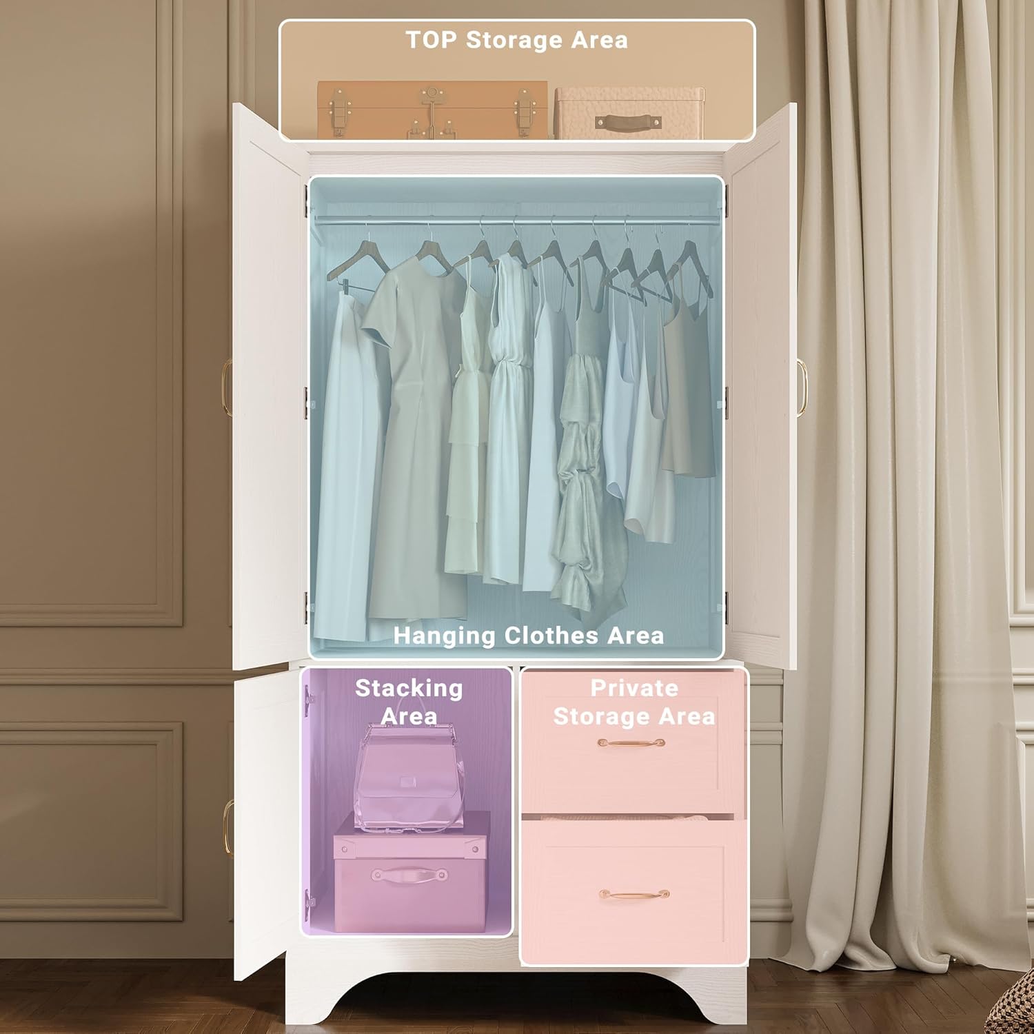 White 3-Door Mirrored Wooden Armoire Wardrobe Closet with 2 Drawers & Hanging Rod