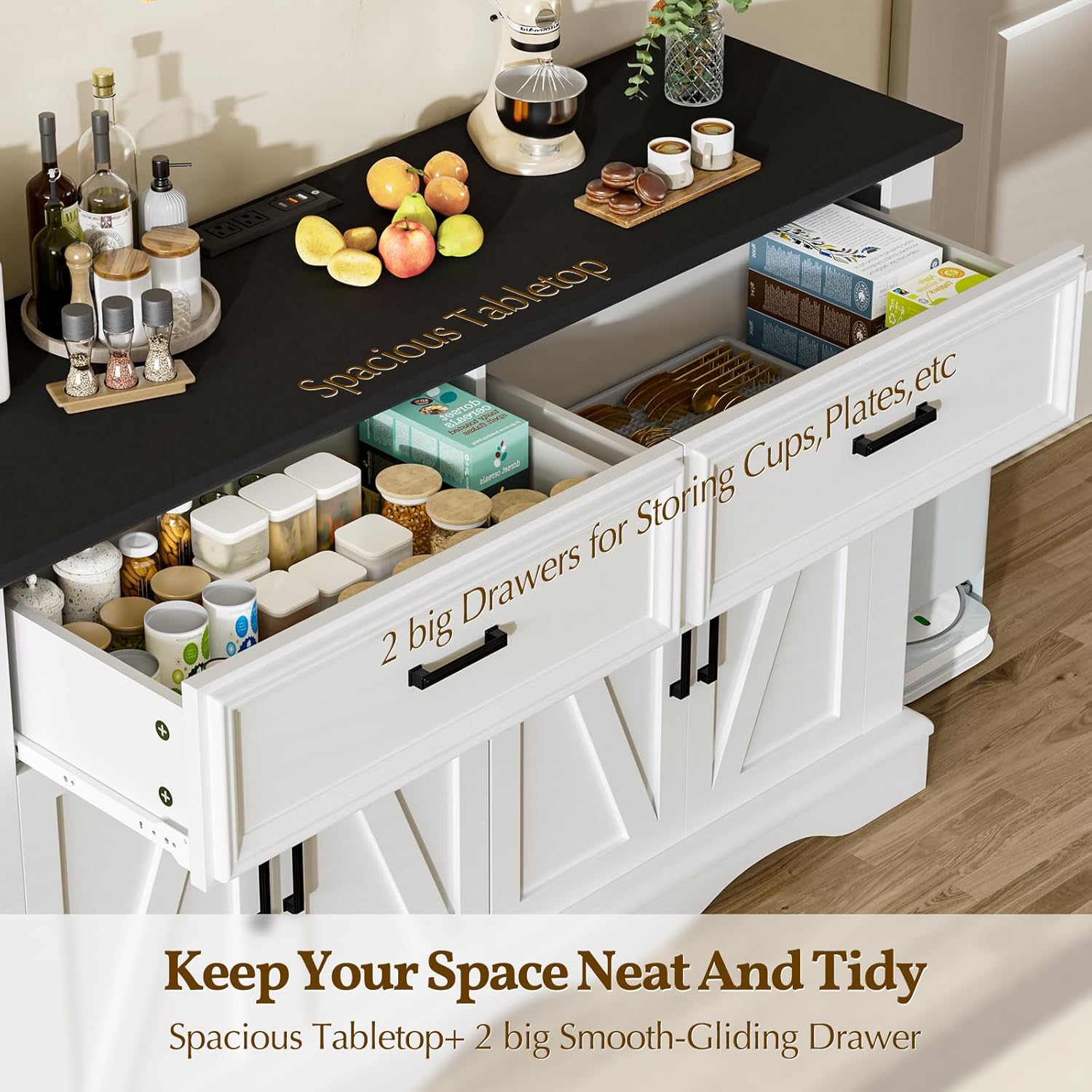 56" Modern Farmhouse Sideboard Buffet Cabinet with 4 Doors and 2 Drawers, Kitchen Storage Cabinet with Adjustable Shelves, Coffee Bar with Charging Station for Living Room, White