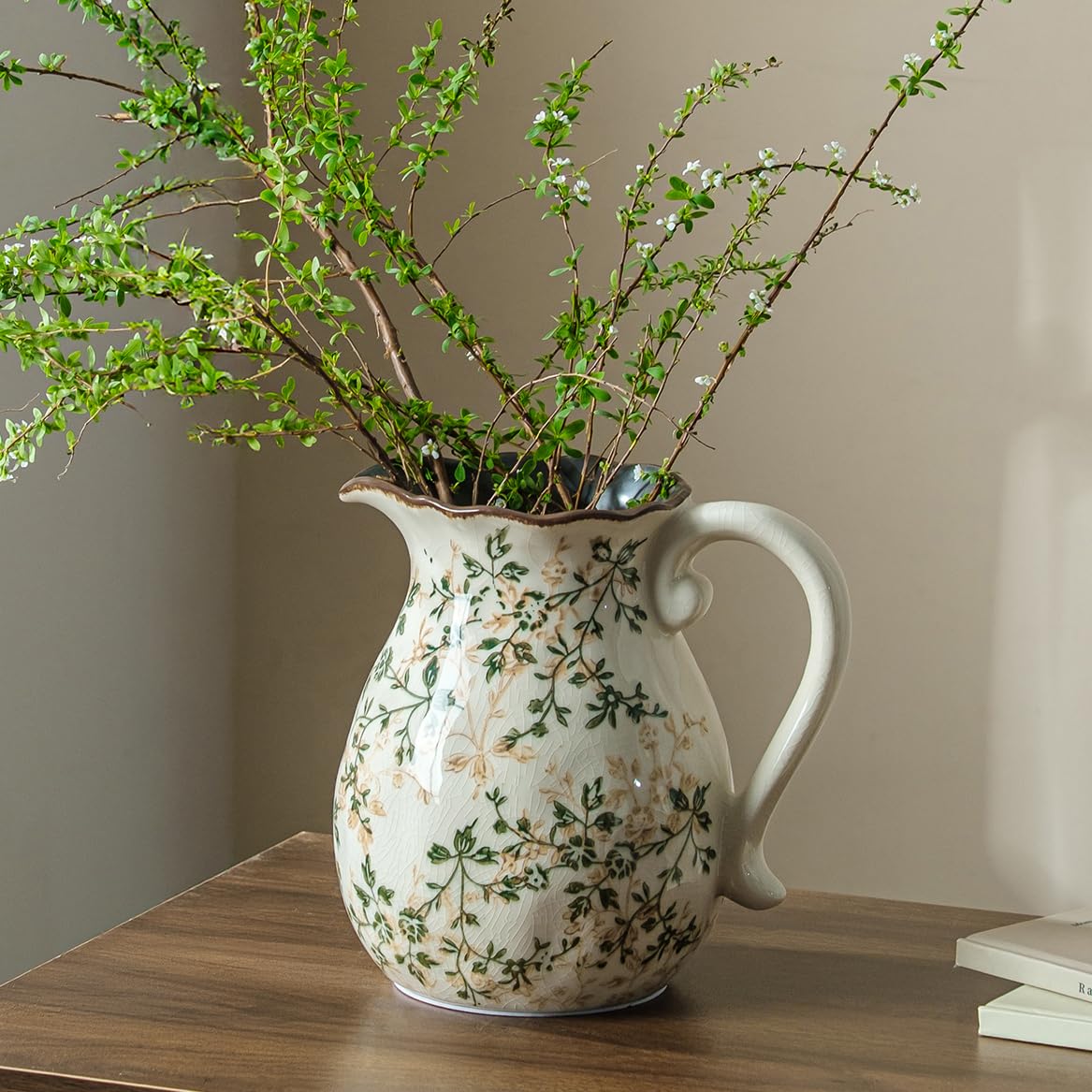 Ceramic Flower Vases Set of 3 | Green Rustic Farmhouse Vase Set for Home Decor, Vintage Floral Decorative Vase for Living Room & Kitchen, Mantel & Bookshelf, Centerpieces, Entryway(5.7+5.9+7.1Inch)