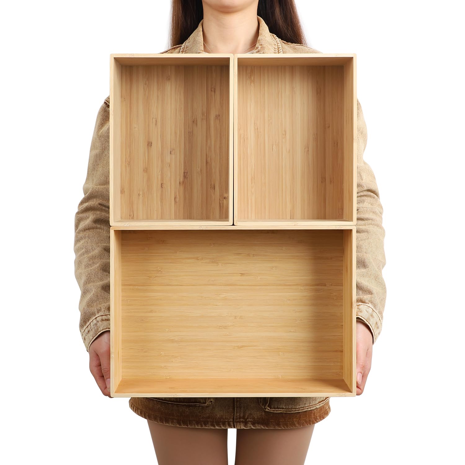 BAMOTTO CRAFTBAMBOO 3-Piece Large Bamboo Storage Box Set - 7.1in High Stackable Deep-Drawer Organizer, Lidless Bamboo Bin for Kitchen Cutlery Utensils Knives (14.6"x10.2"x7.1"*1 + 10.2"x7.3"x3"*2)