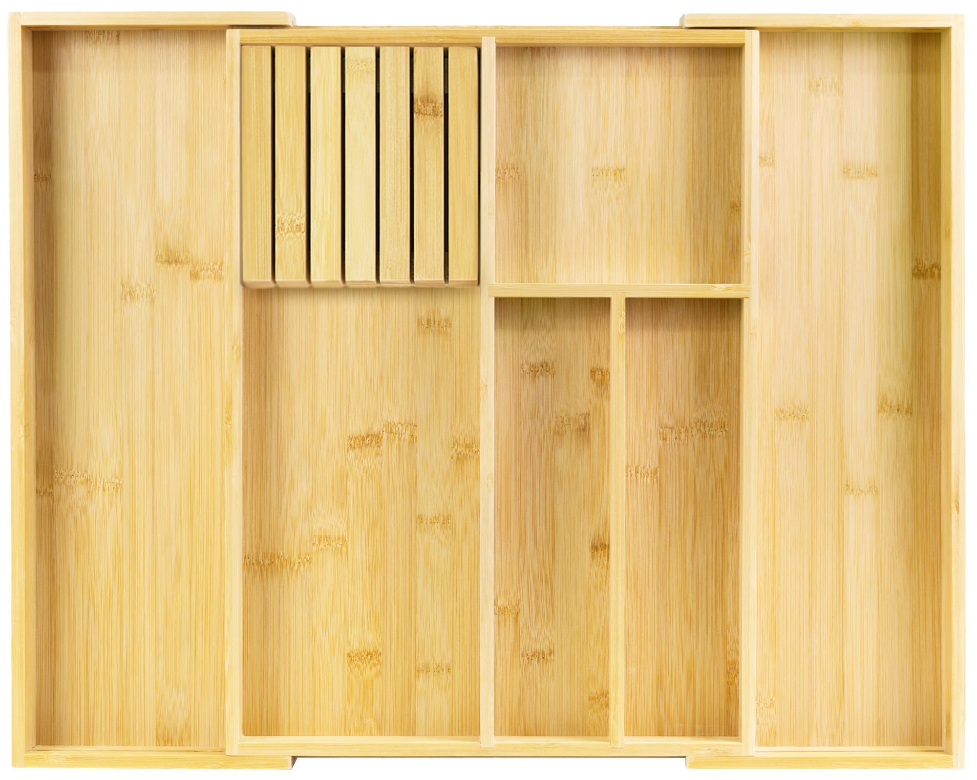 VaeFae Bamboo Silverware Drawer Organizer Kitchen, Expandable Utensil Organizer with Knife Block, Cutlery Tray with Divider, Multifunctional Drawer Organizer