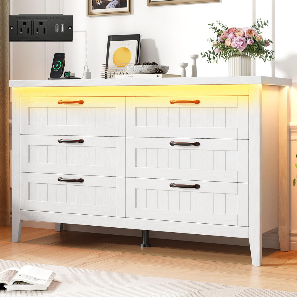 GarveeHome Farmhouse 6 Drawer Dresser with Charging Station & LED Lights, Slim Wooden Bedroom Dresser, Rustic Chest of Drawers Clothes Storage Organizer for Closet Dorm Apartments, White