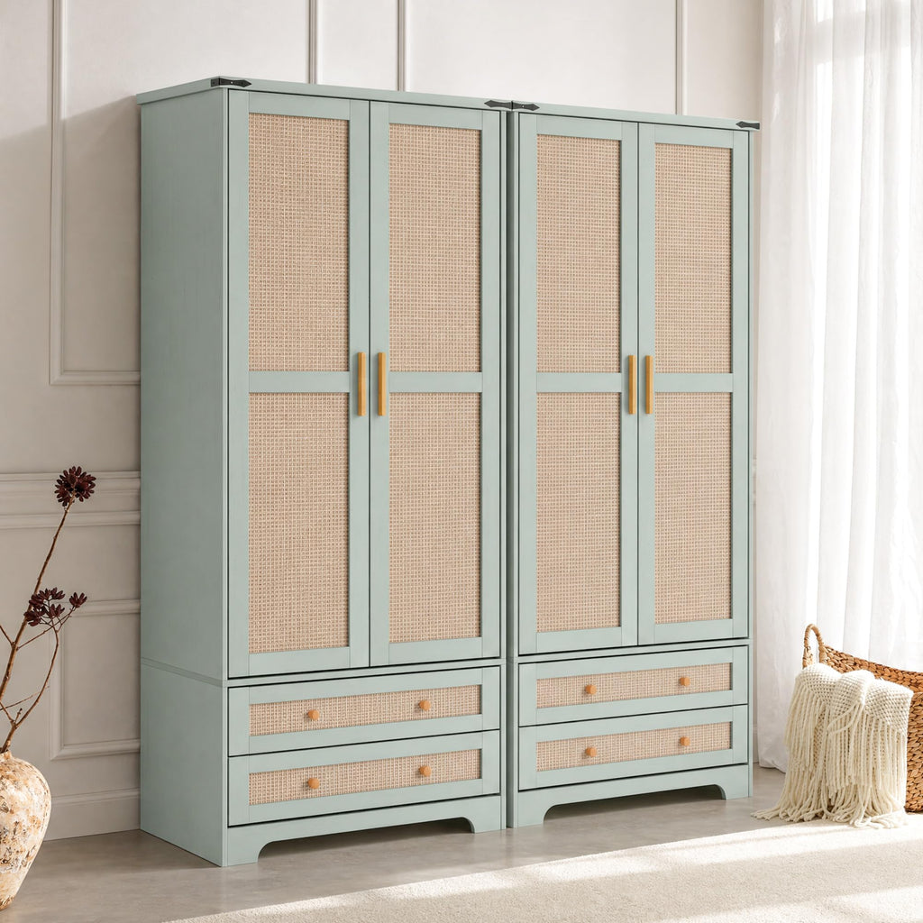 Brafab Armoire Wardrobe Closet with 2 Rattan Doors, 71" Farmhouse Tall Freestanding Coat Closet Wardrobe Cabinet with Drawers and Hanging Rail, Wooden Armoire Storage Cabinet with Shelf for Bedroom