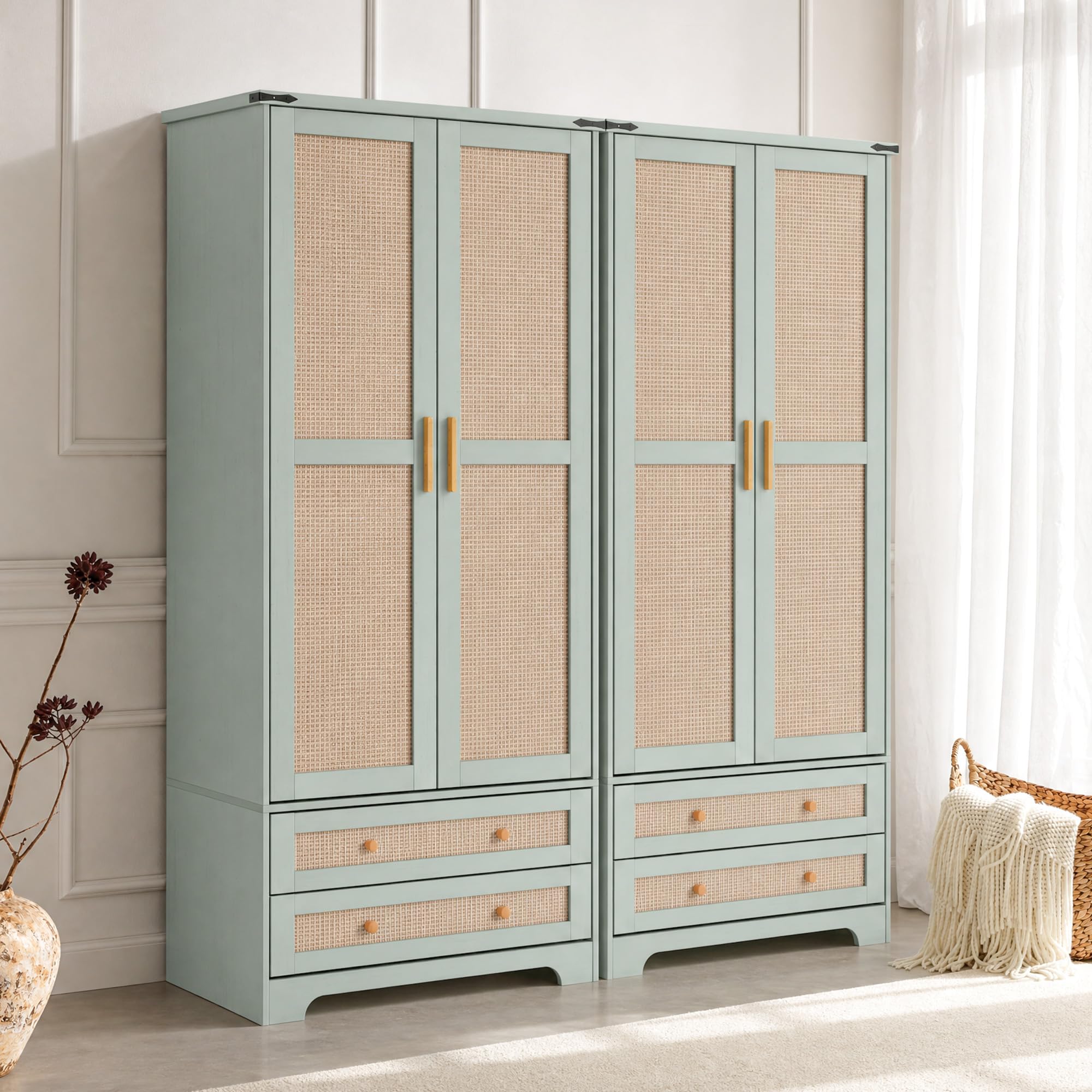 Brafab Armoire Wardrobe Closet with 2 Rattan Doors, 71" Farmhouse Tall Freestanding Coat Closet Wardrobe Cabinet with Drawers and Hanging Rail, Wooden Armoire Storage Cabinet with Shelf for Bedroom